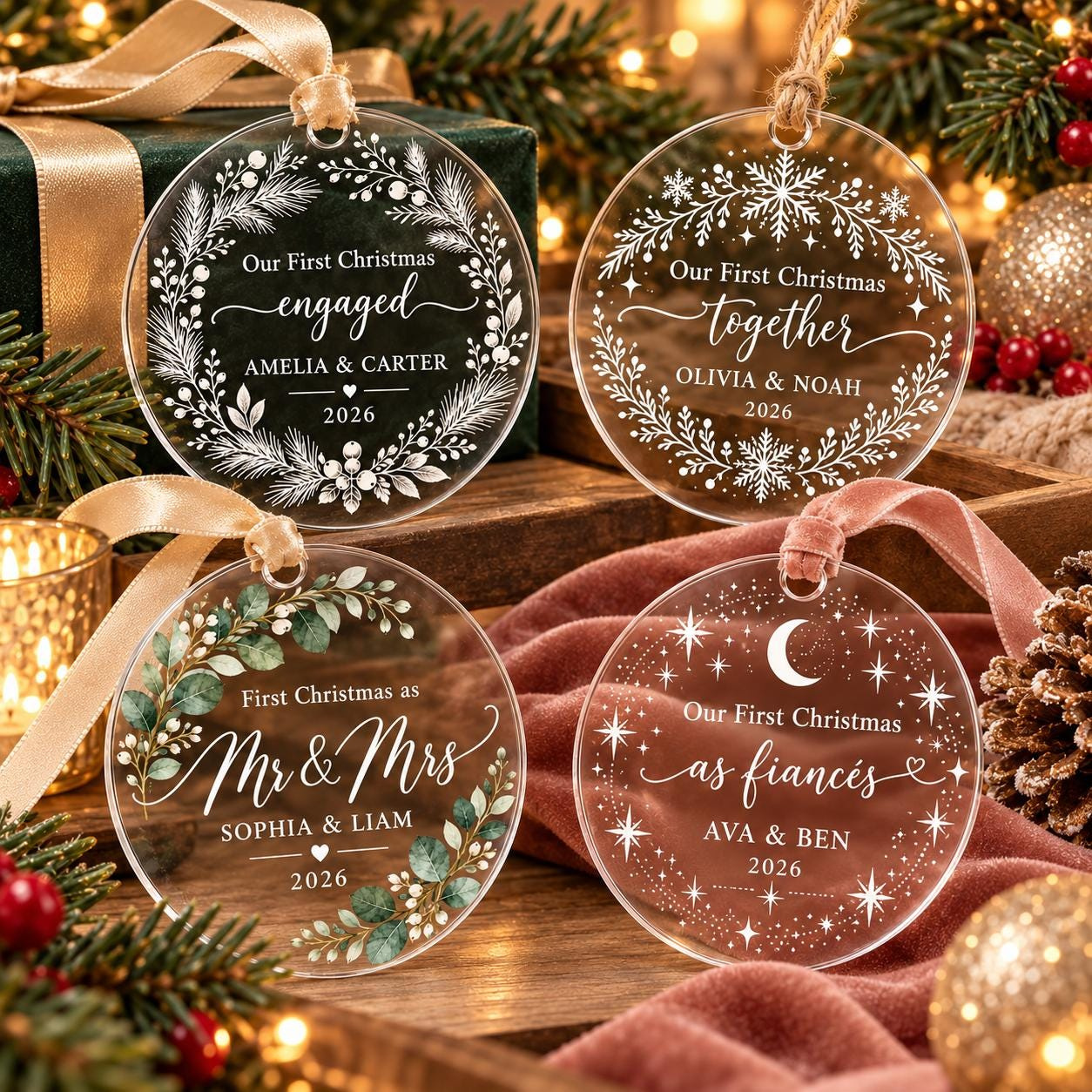 Personalized Engaged Ornament - Custom Name Acrylic Round Keepsake, Wedding Favor for Guests