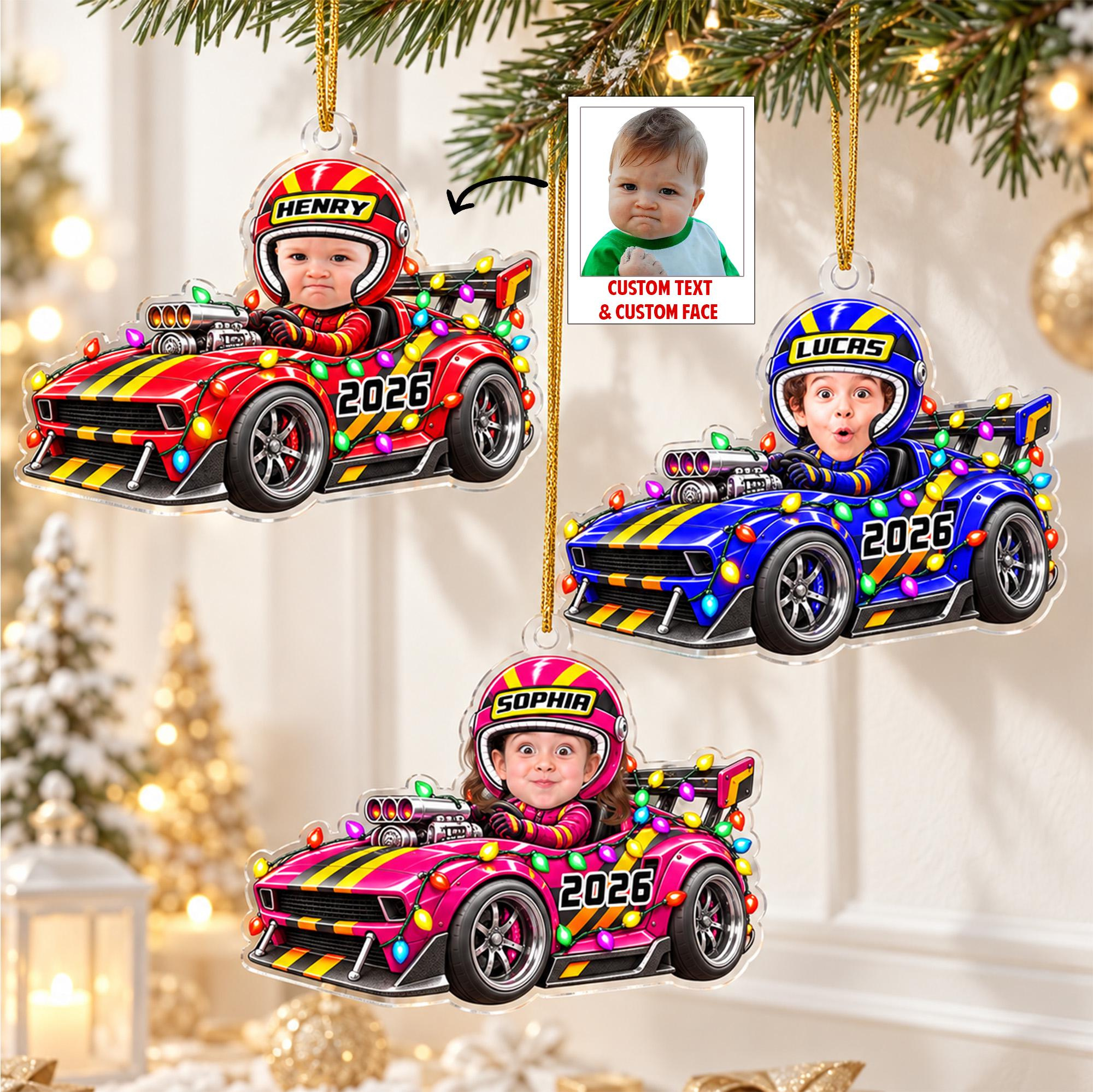 Custom Cartoon Car Ornament with Personalized Face and Name, Kids Christmas Tree Keepsake Custom Cartoon Car Ornament with Personalized Face and Name, Kids Christmas Tree Keepsake