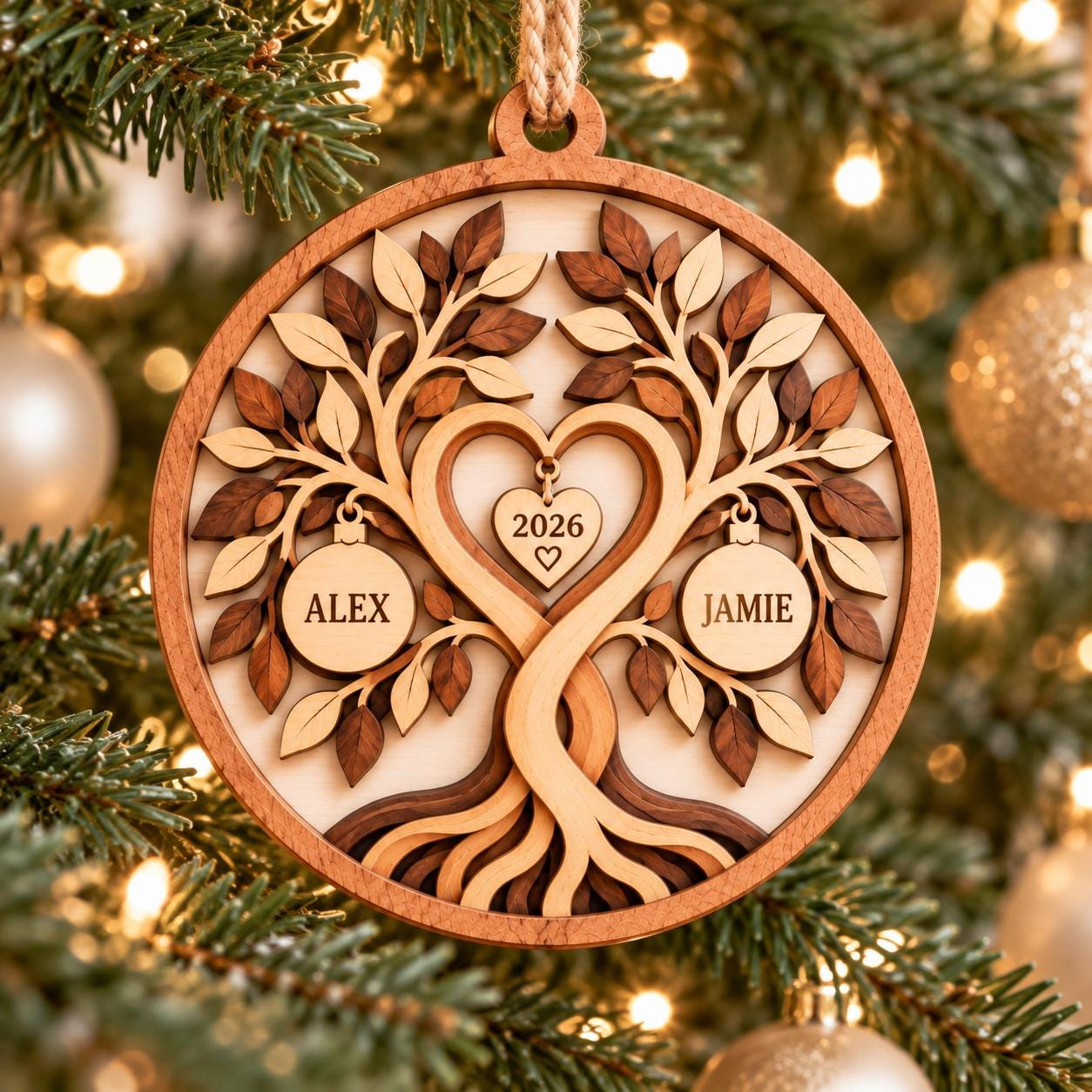 Personalized Couple Christmas Ornament 2026 - Custom Heart Tree Wood Ornament with Names on Baubles, Layered Anniversary 2 - MeasureMason Personalized Couple Christmas Ornament 2026 - Custom Heart Tree Wood Ornament with Names on Baubles, Layered Anniversary 2