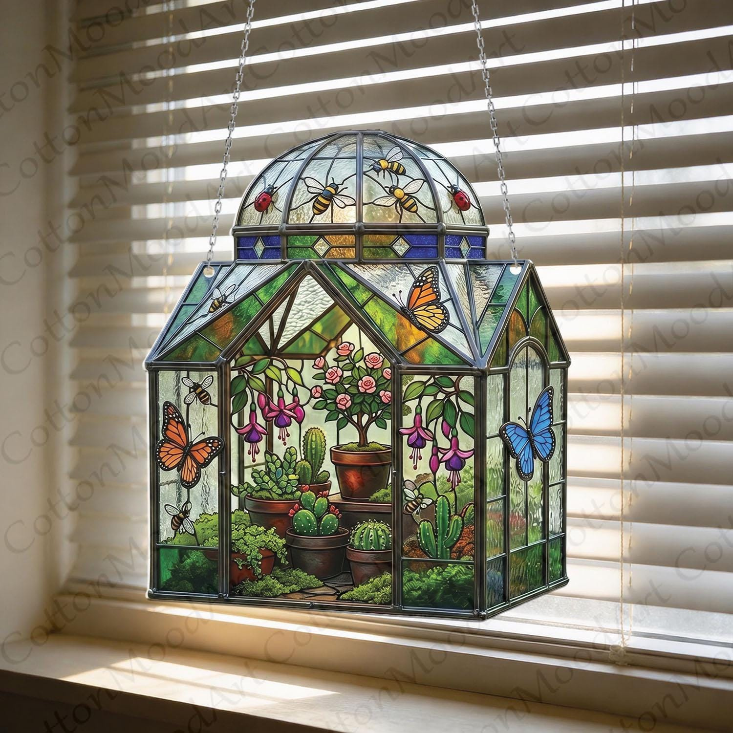 Acrylic Greenhouse Window Hanging - Botanical Garden Suncatcher with Butterflies & Flowers Acrylic Greenhouse Window Hanging - Botanical Garden Suncatcher with Butterflies & Flowers
