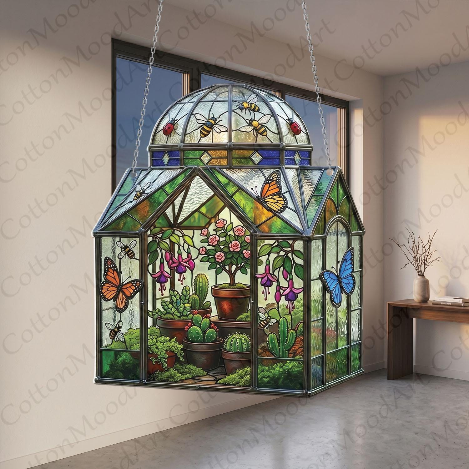 Acrylic Greenhouse Window Hanging - Botanical Garden Suncatcher with Butterflies & Flowers 1