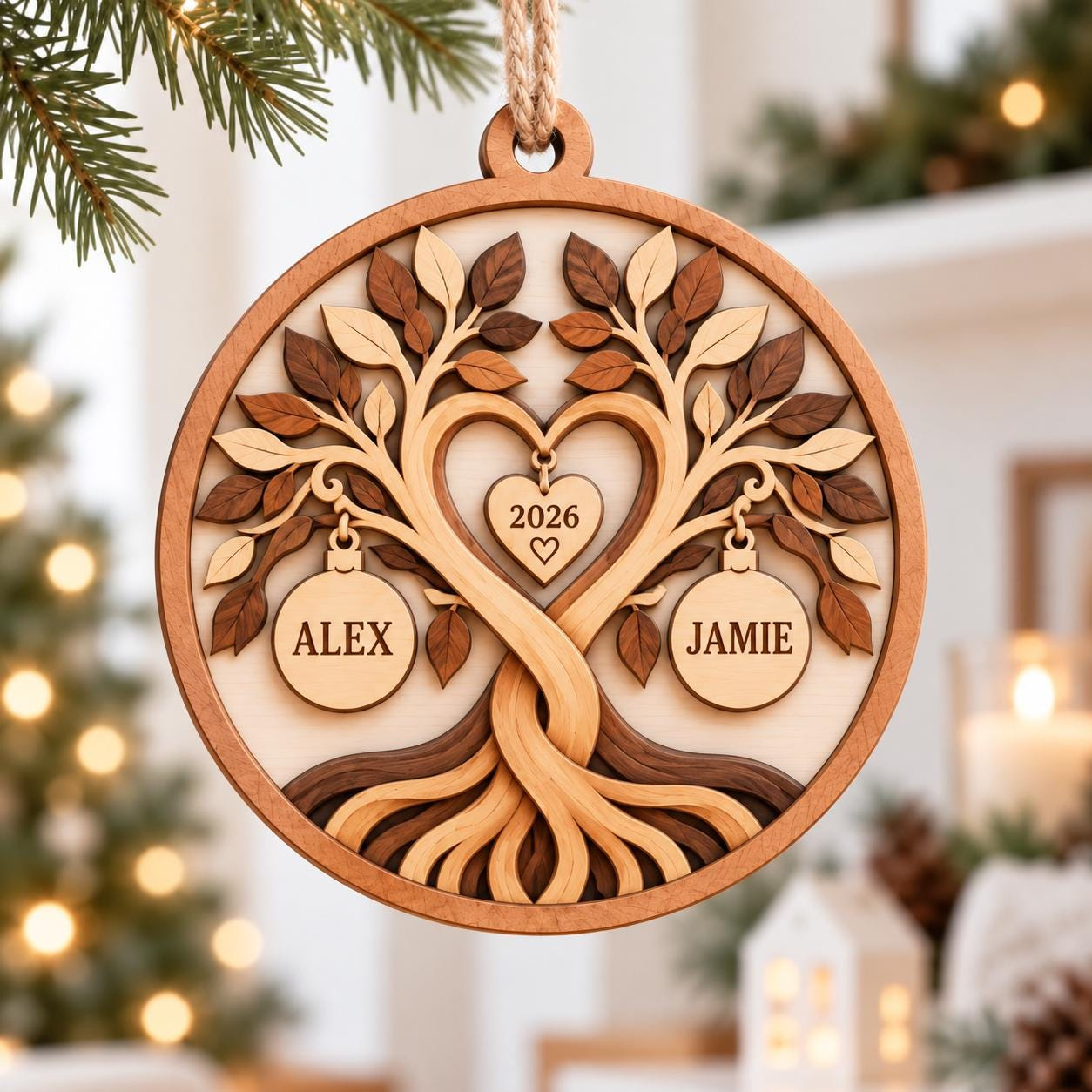 Personalized Couple Christmas Ornament 2026 - Custom Heart Tree Wood Ornament with Names on Baubles, Layered Anniversary 1 - MeasureMason Personalized Couple Christmas Ornament 2026 - Custom Heart Tree Wood Ornament with Names on Baubles, Layered Anniversary 1