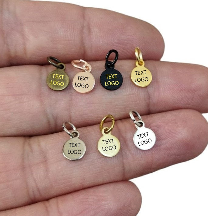 Custom Laser Engraved Jewelry Tag, 6mm Brass Charm with Jump Ring, Personalized Logo Pendant Custom Laser Engraved Jewelry Tag, 6mm Brass Charm with Jump Ring, Personalized Logo Pendant