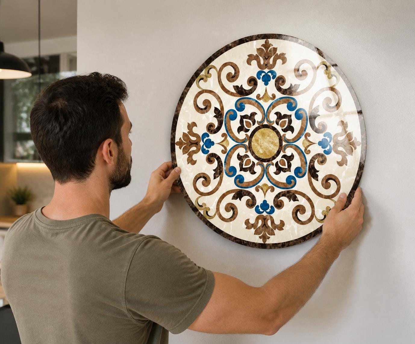 Round Ornamental Wall Art, Marble-Inspired Tempered Glass Circle Decor, Blue Brown Medallion 1 - MeasureMason Round Ornamental Wall Art, Marble-Inspired Tempered Glass Circle Decor, Blue Brown Medallion 1
