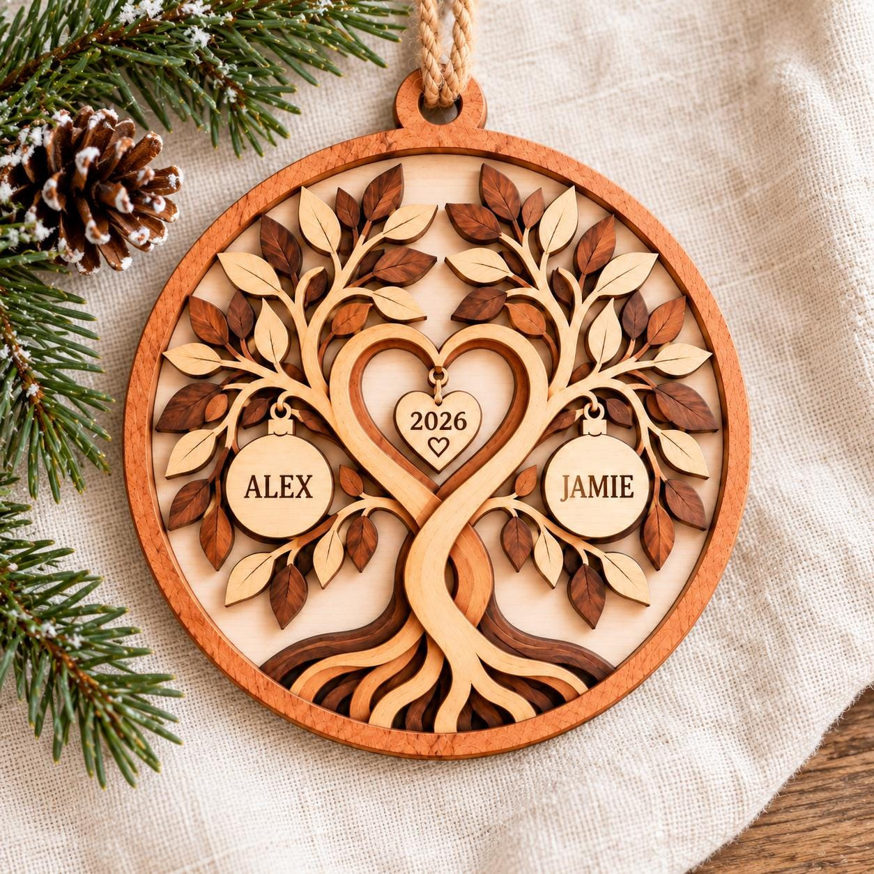 Personalized Couple Christmas Ornament 2026 - Custom Heart Tree Wood Ornament with Names on Baubles, Layered Anniversary 3 - MeasureMason Personalized Couple Christmas Ornament 2026 - Custom Heart Tree Wood Ornament with Names on Baubles, Layered Anniversary 3