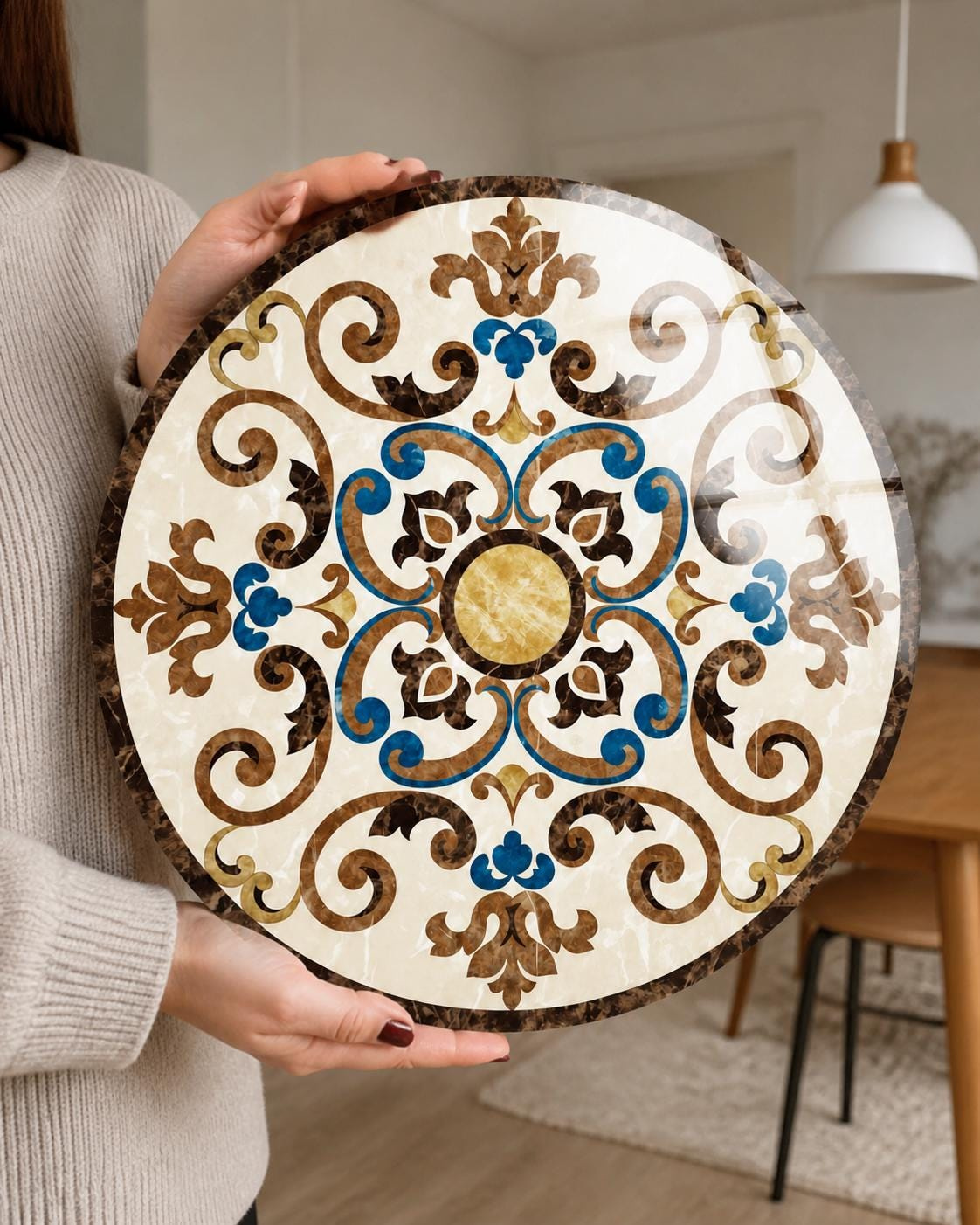 Round Ornamental Wall Art, Marble-Inspired Tempered Glass Circle Decor, Blue Brown Medallion 2 - MeasureMason Round Ornamental Wall Art, Marble-Inspired Tempered Glass Circle Decor, Blue Brown Medallion 2