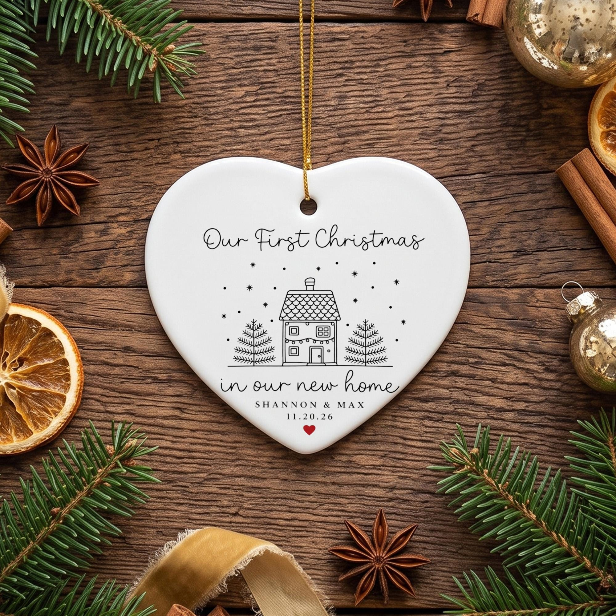 Personalized First Christmas in Our New Home Ornament, Custom Name Ceramic Ornament, Couple Housewarming Gift 1 - MeasureMason Personalized First Christmas in Our New Home Ornament, Custom Name Ceramic Ornament, Couple Housewarming Gift 1