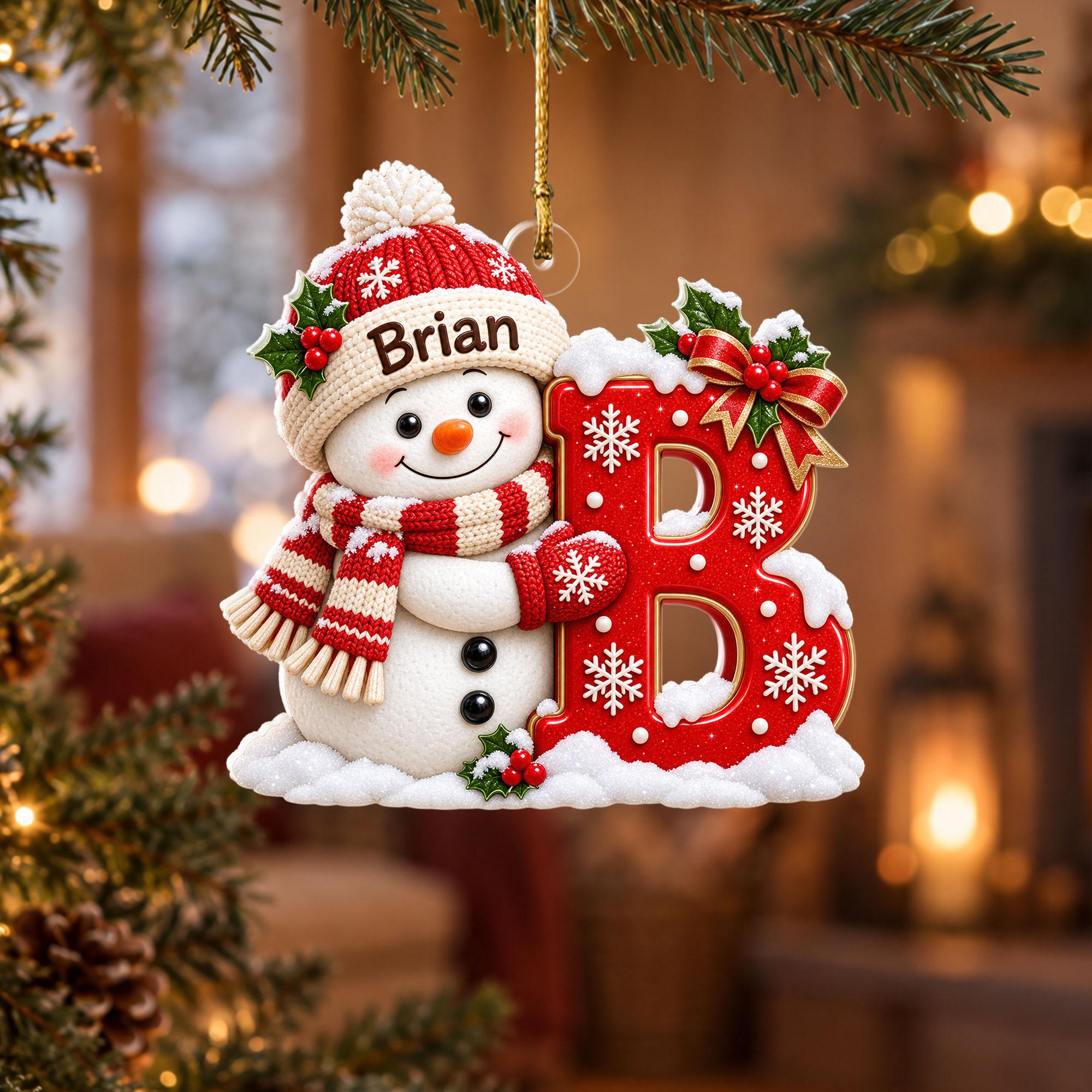 Personalized Snowman Name Christmas Ornament, Custom Initial Acrylic Hanging Keepsake for Family Tree