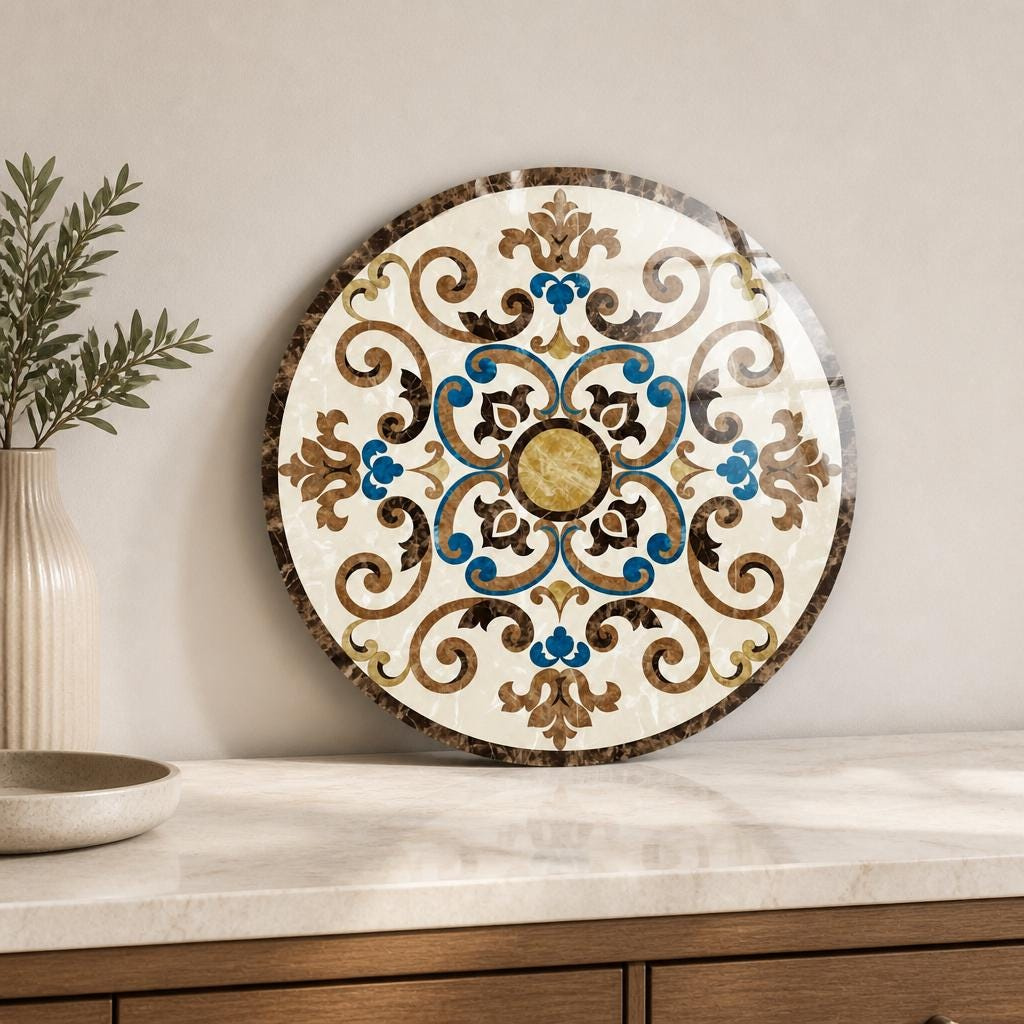 Round Ornamental Wall Art, Marble-Inspired Tempered Glass Circle Decor, Blue Brown Medallion 3 - MeasureMason Round Ornamental Wall Art, Marble-Inspired Tempered Glass Circle Decor, Blue Brown Medallion 3