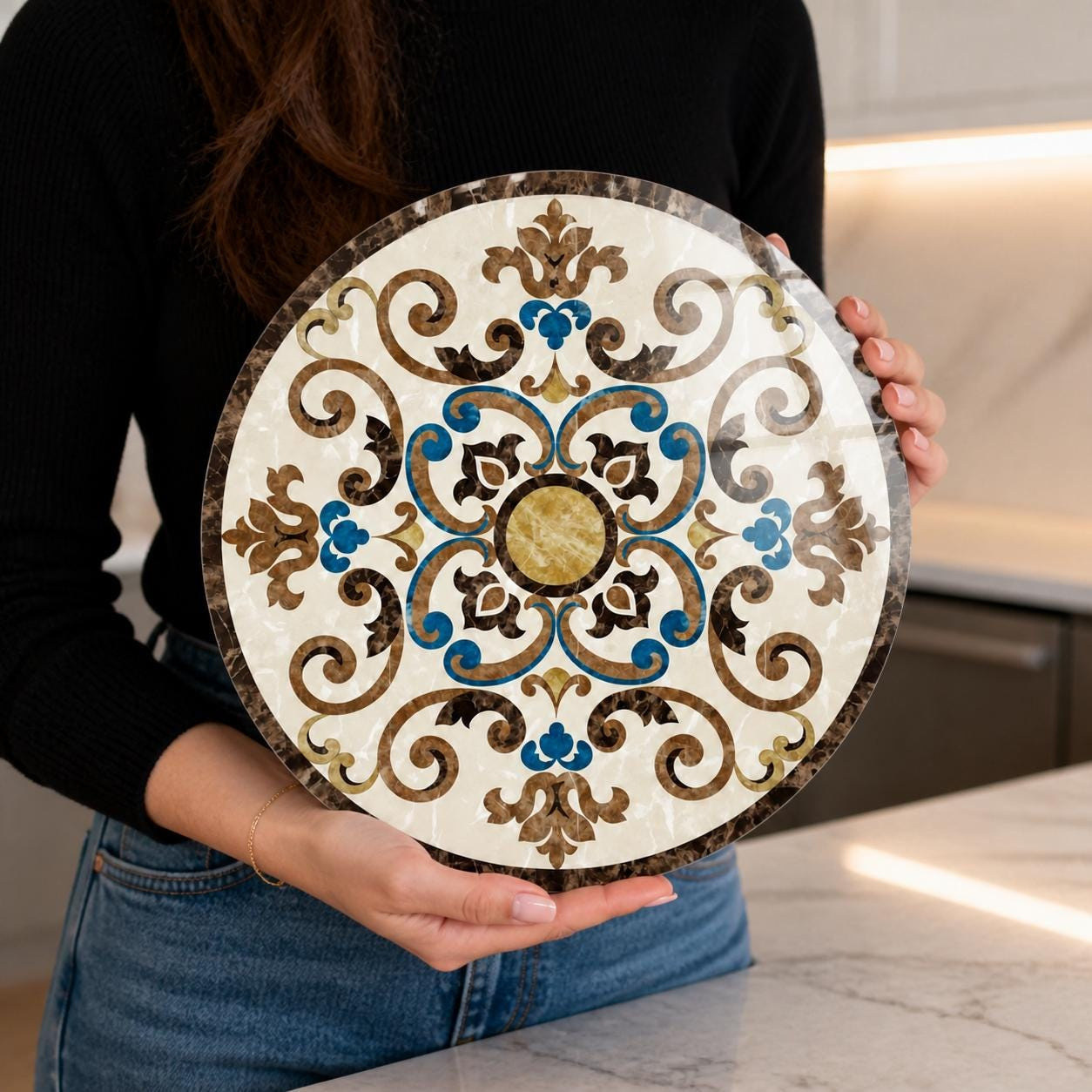Round Ornamental Wall Art, Marble-Inspired Tempered Glass Circle Decor, Blue Brown Medallion 4 - MeasureMason Round Ornamental Wall Art, Marble-Inspired Tempered Glass Circle Decor, Blue Brown Medallion 4