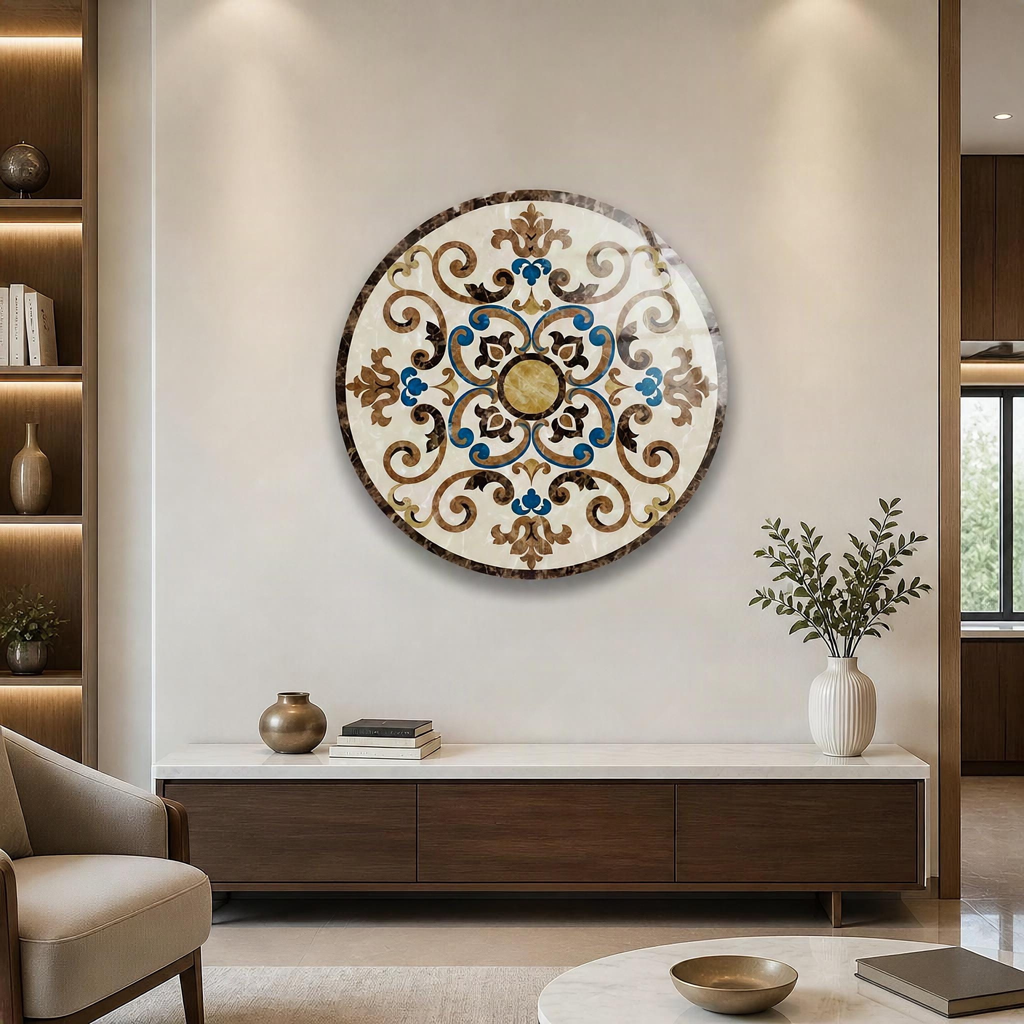 Round Ornamental Wall Art, Marble-Inspired Tempered Glass Circle Decor, Blue Brown Medallion Round Ornamental Wall Art, Marble-Inspired Tempered Glass Circle Decor, Blue Brown Medallion