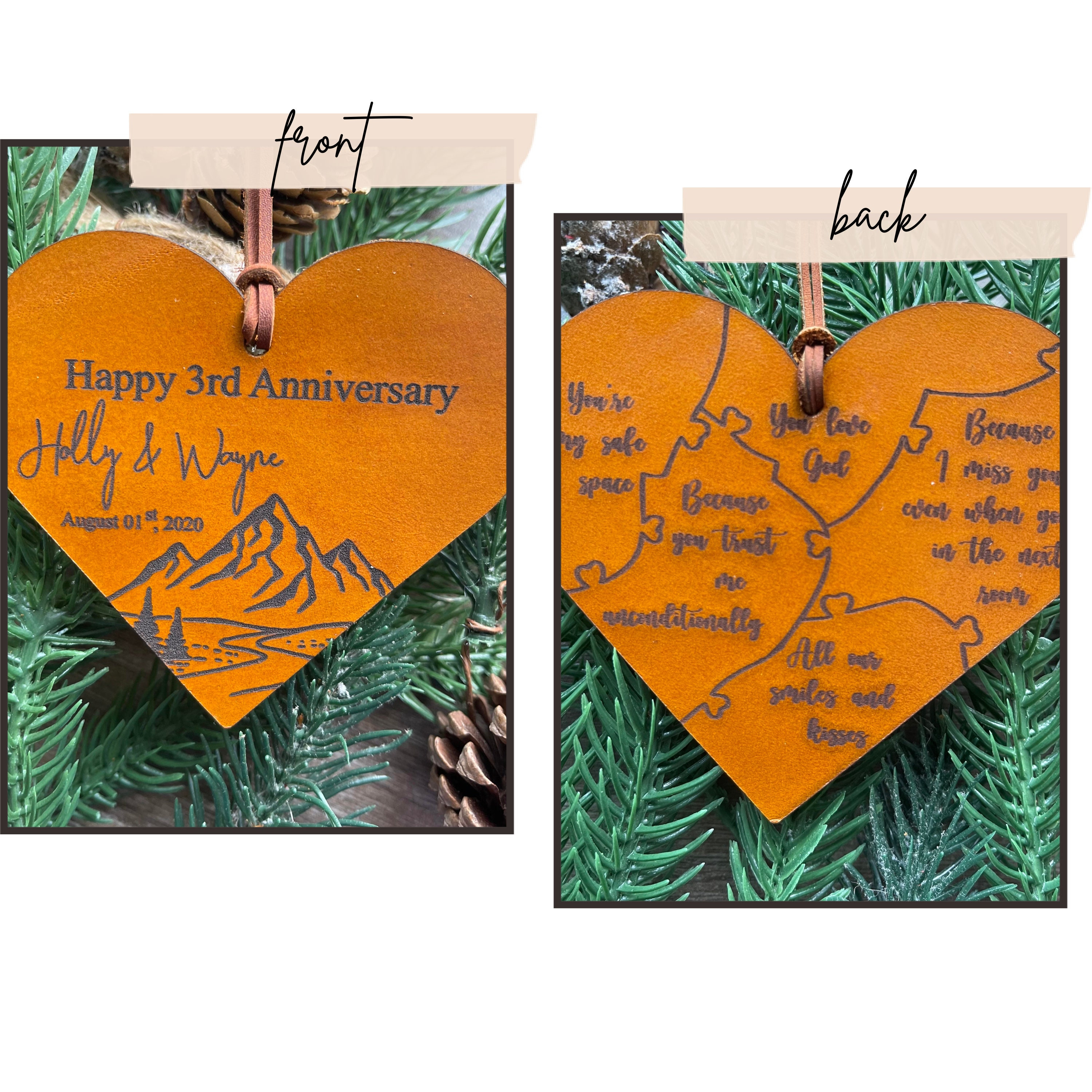Personalized 3rd Anniversary Ornament - Leather Heart Christmas Keepsake - Couple Wedding Gift 1 - MeasureMason Personalized 3rd Anniversary Ornament - Leather Heart Christmas Keepsake - Couple Wedding Gift 1