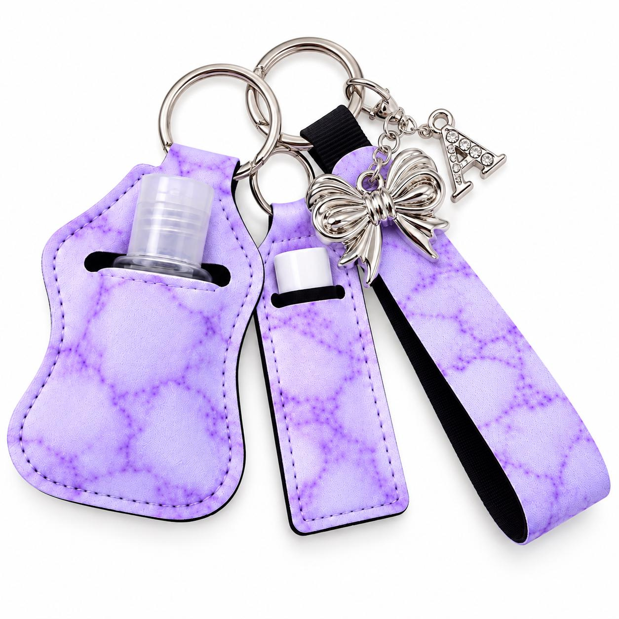 Lip Balm and Hand Sanitizer Holder Keychain Set with Wristlet Strap and Matching Chapstick, Refillable Bottle Lip Balm and Hand Sanitizer Holder Keychain Set with Wristlet Strap and Matching Chapstick, Refillable Bottle