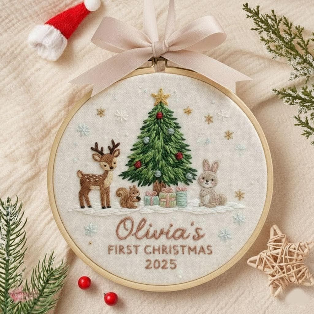 Custom Woodland Animal Babys 1st Christmas Embroidered Ornament, Personalized Newborn Keepsake Gift 4 - MeasureMason Custom Woodland Animal Babys 1st Christmas Embroidered Ornament, Personalized Newborn Keepsake Gift 4
