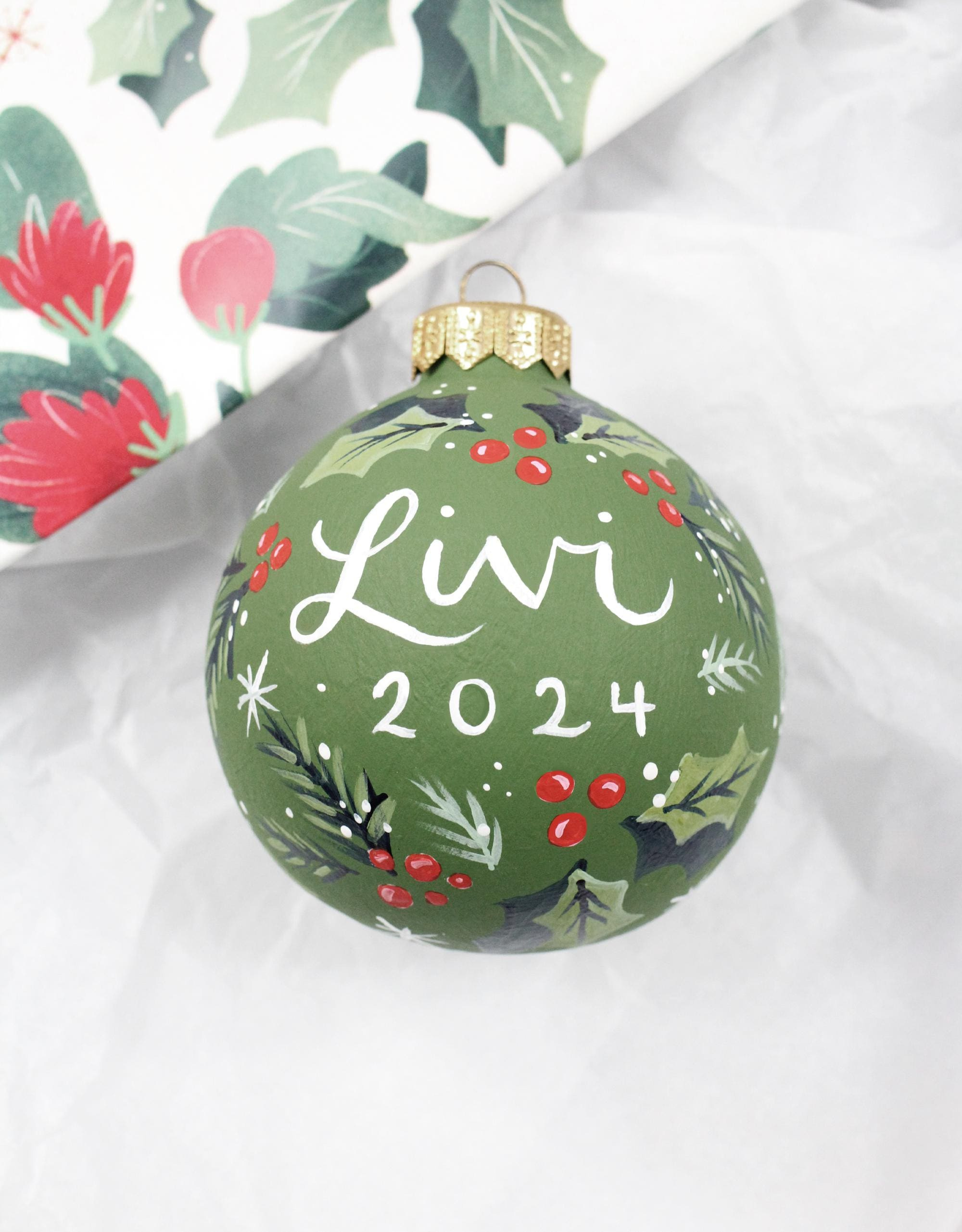 Personalized Hand Painted Christmas Ornament - Ceramic Keepsake with Custom Name & Holly