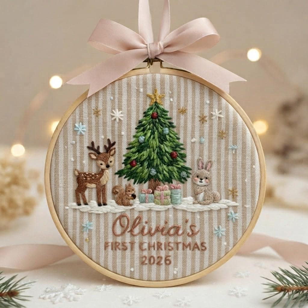 Custom Woodland Animal Babys 1st Christmas Embroidered Ornament, Personalized Newborn Keepsake Gift 3 - MeasureMason Custom Woodland Animal Babys 1st Christmas Embroidered Ornament, Personalized Newborn Keepsake Gift 3