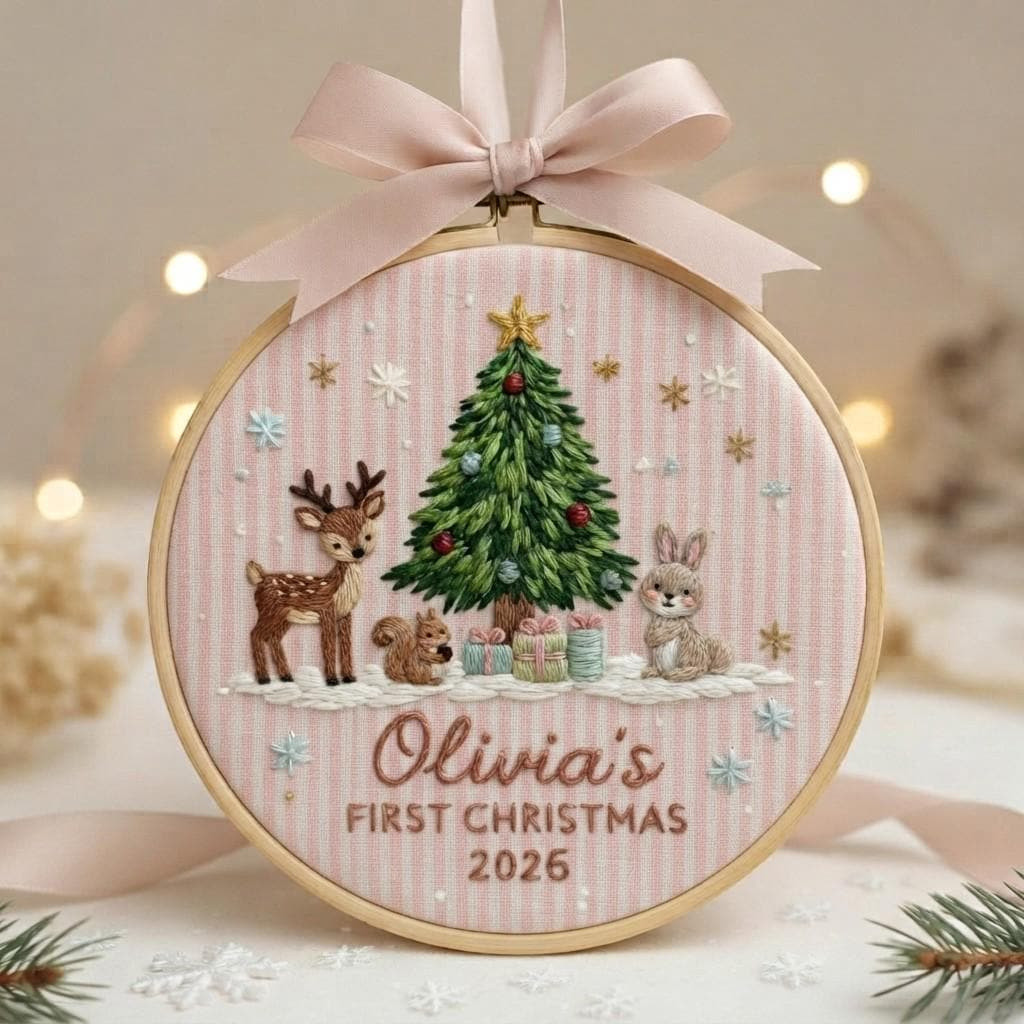 Custom Woodland Animal Baby's 1st Christmas Embroidered Ornament, Personalized Newborn Keepsake Gift Custom Woodland Animal Baby's 1st Christmas Embroidered Ornament, Personalized Newborn Keepsake Gift