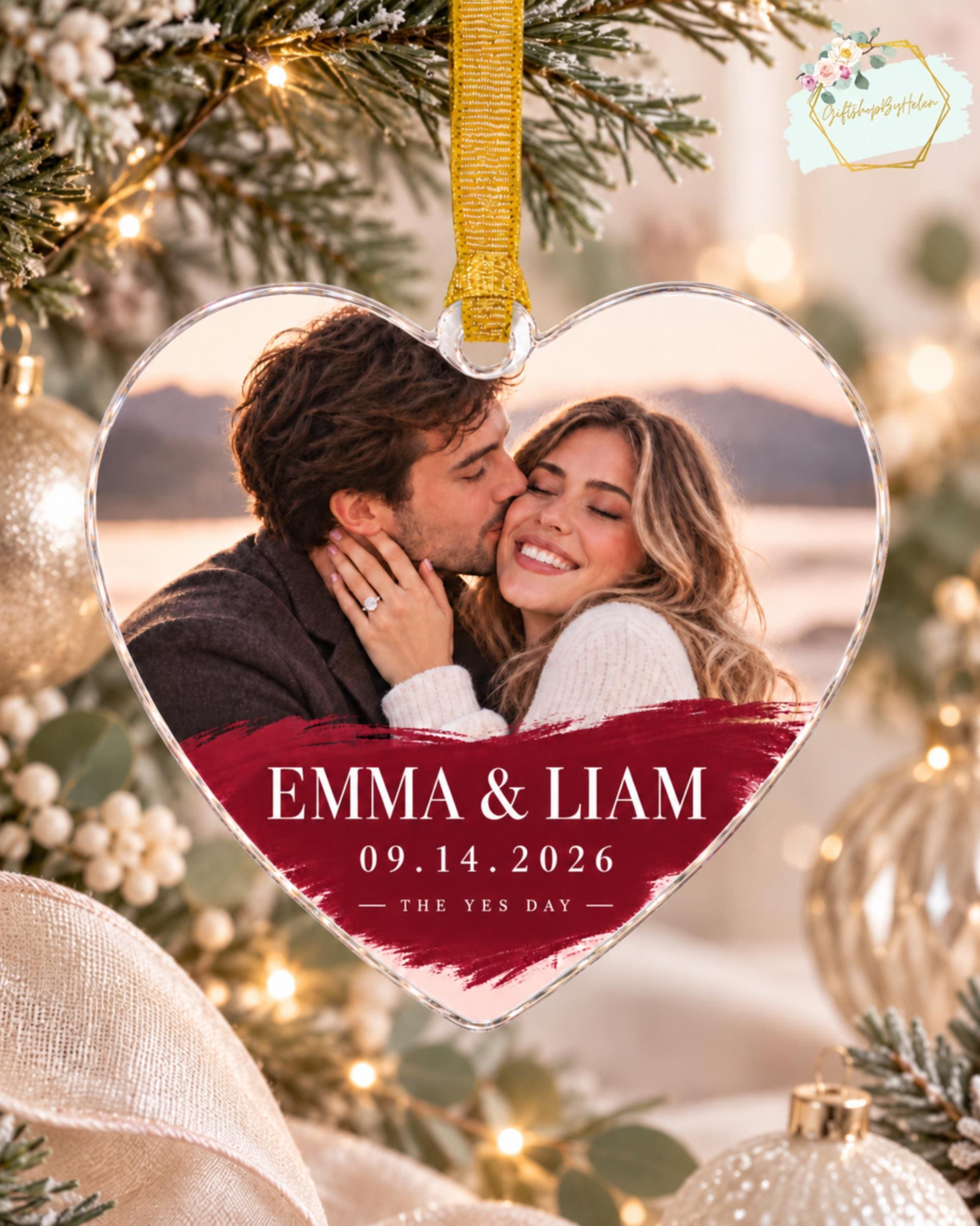 Personalized Engagement Photo Ornament, Acrylic Heart Christmas Keepsake, Custom Couple Gift for Fiancée