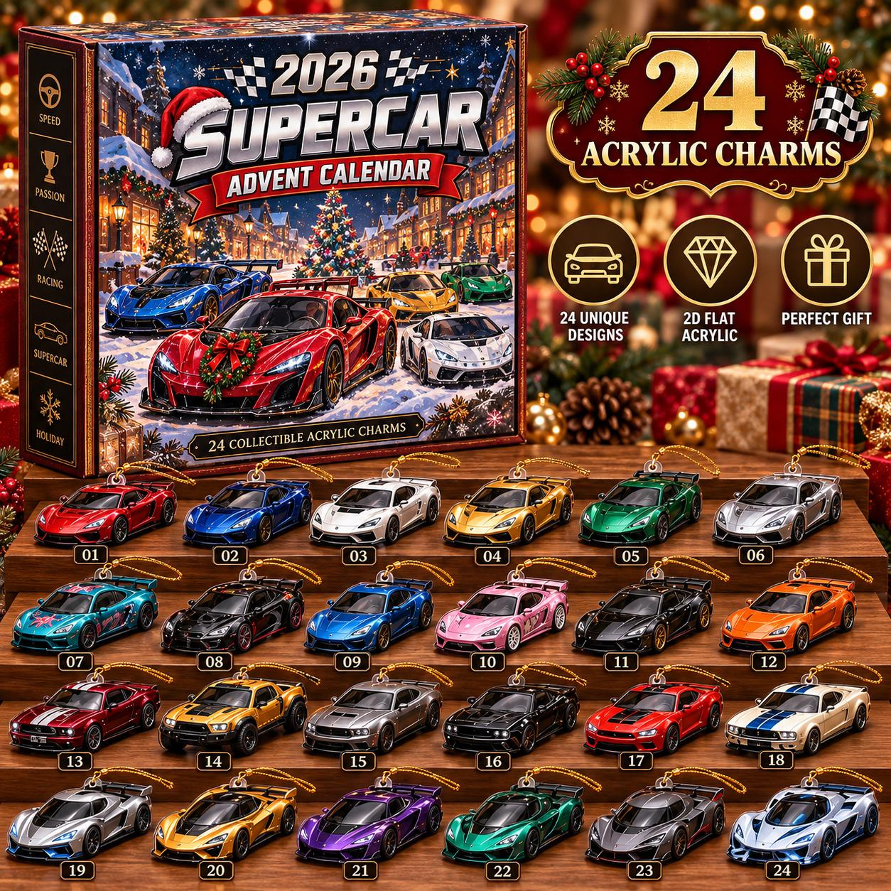 Supercar Advent Calendar 2026 – 24 Acrylic Car Charms, Sports Car Christmas Countdown for Racing Fans and Auto Enthusias