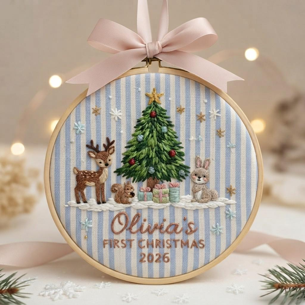 Custom Woodland Animal Babys 1st Christmas Embroidered Ornament, Personalized Newborn Keepsake Gift 2 - MeasureMason Custom Woodland Animal Babys 1st Christmas Embroidered Ornament, Personalized Newborn Keepsake Gift 2