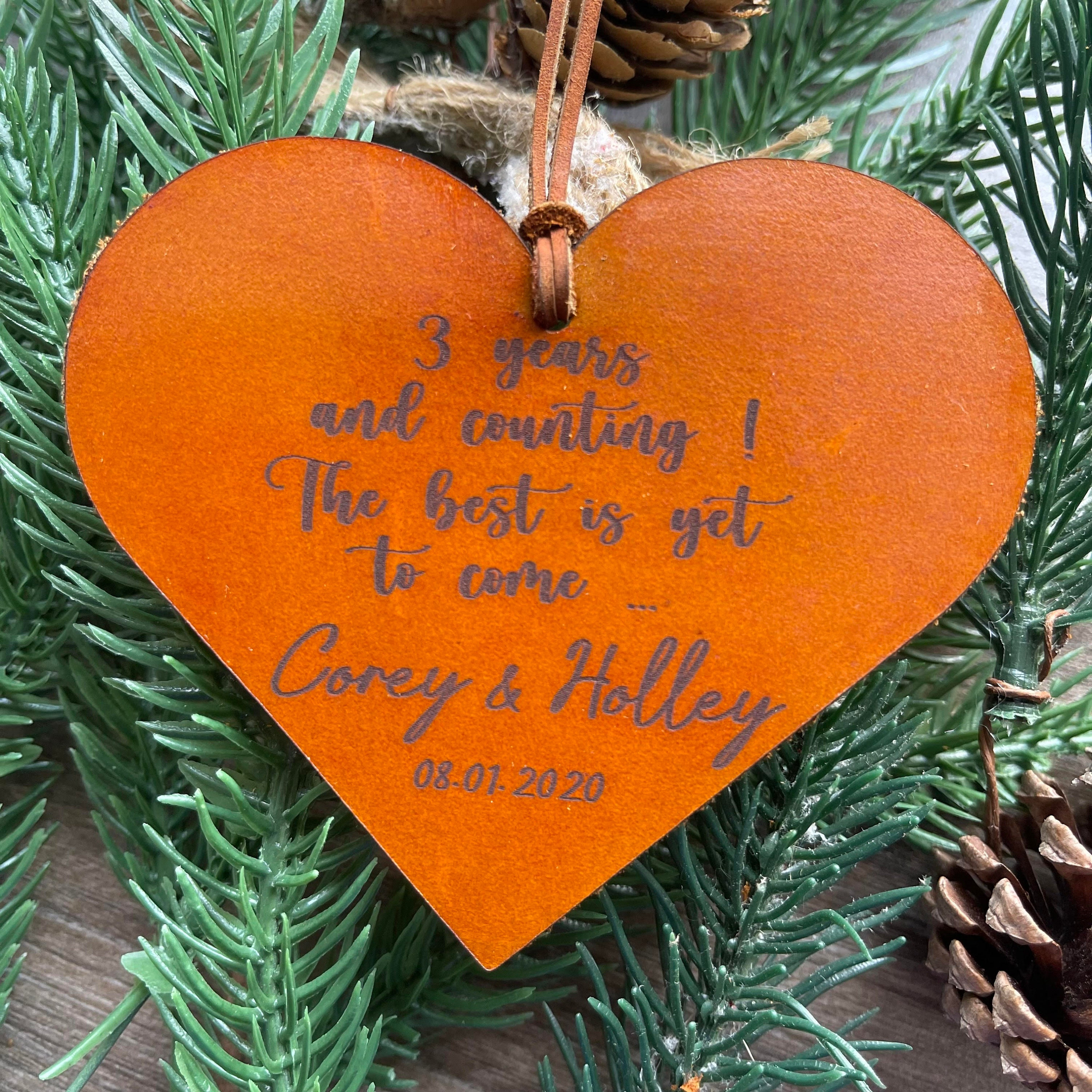 Personalized 3rd Anniversary Ornament - Leather Heart Christmas Keepsake - Couple Wedding Gift 3 - MeasureMason Personalized 3rd Anniversary Ornament - Leather Heart Christmas Keepsake - Couple Wedding Gift 3
