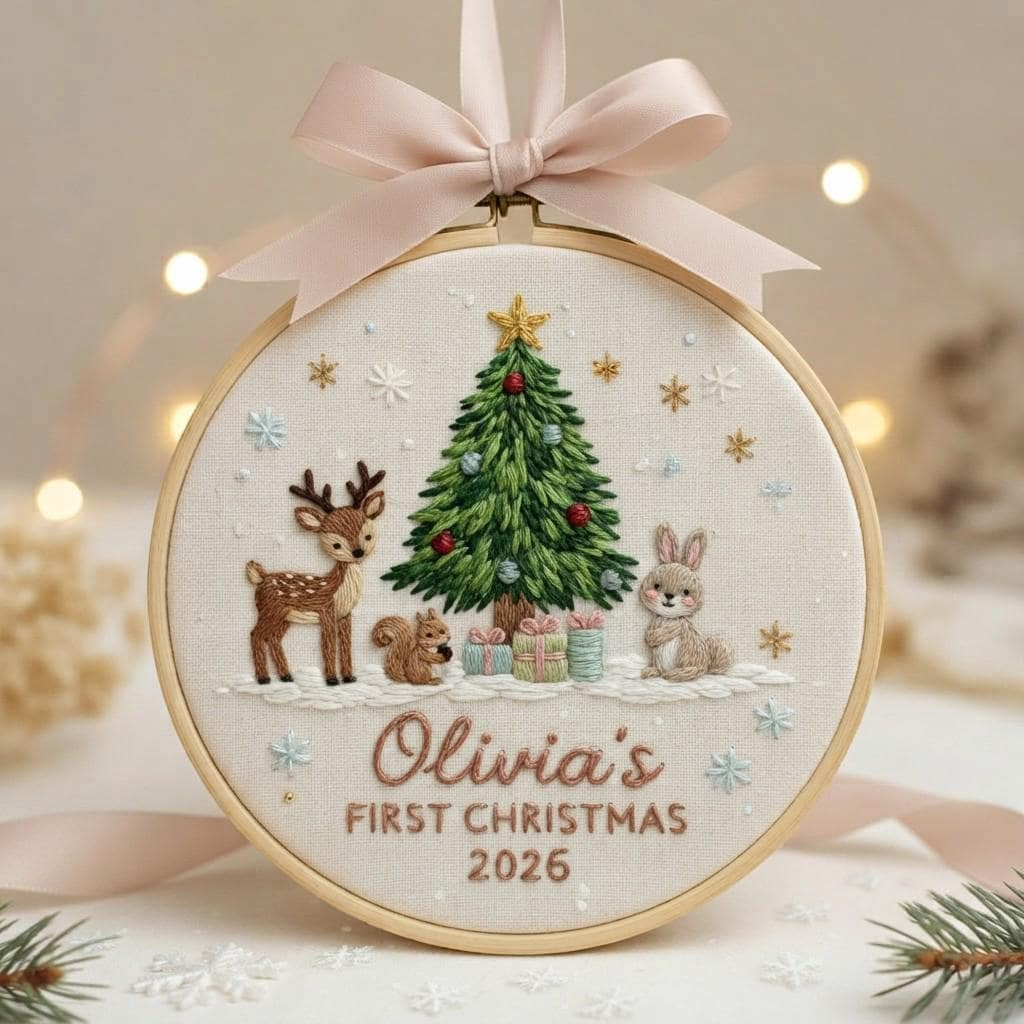 Custom Woodland Animal Babys 1st Christmas Embroidered Ornament, Personalized Newborn Keepsake Gift 1 - MeasureMason Custom Woodland Animal Babys 1st Christmas Embroidered Ornament, Personalized Newborn Keepsake Gift 1