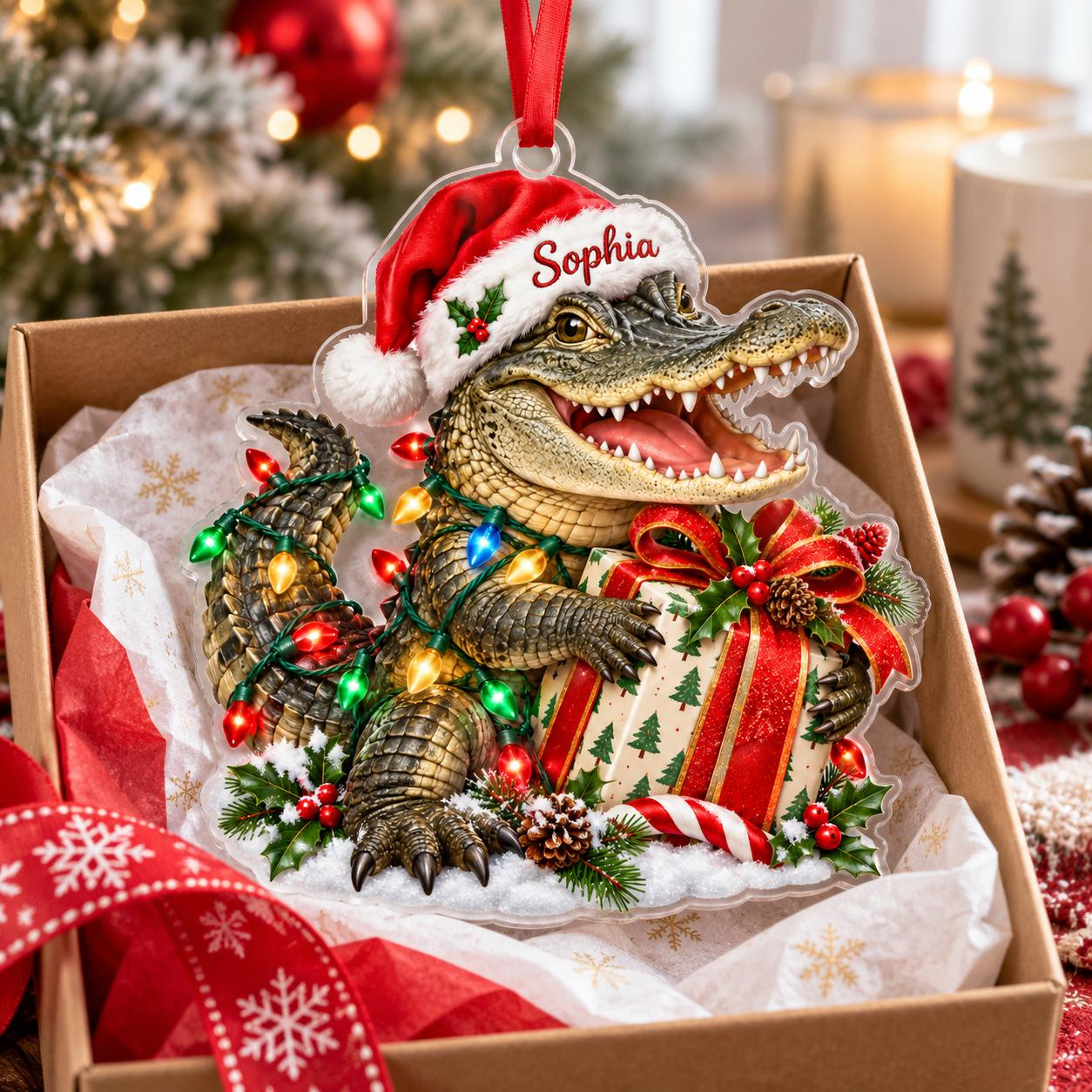 Personalized Alligator Christmas Ornament with Custom Name on Santa Hat, Holiday Tree Decor 3 - MeasureMason Personalized Alligator Christmas Ornament with Custom Name on Santa Hat, Holiday Tree Decor 3