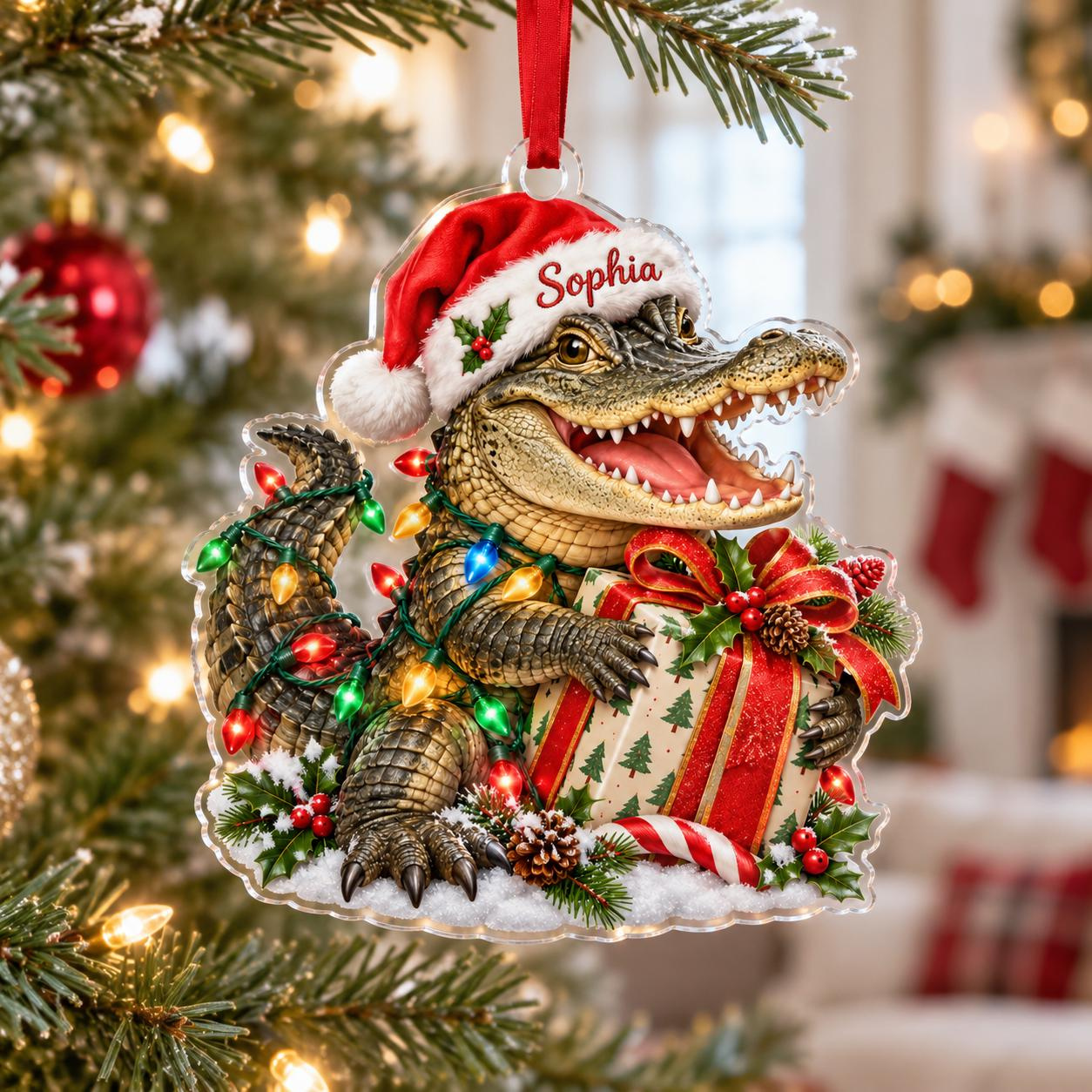 Personalized Alligator Christmas Ornament with Custom Name on Santa Hat, Holiday Tree Decor Personalized Alligator Christmas Ornament with Custom Name on Santa Hat, Holiday Tree Decor