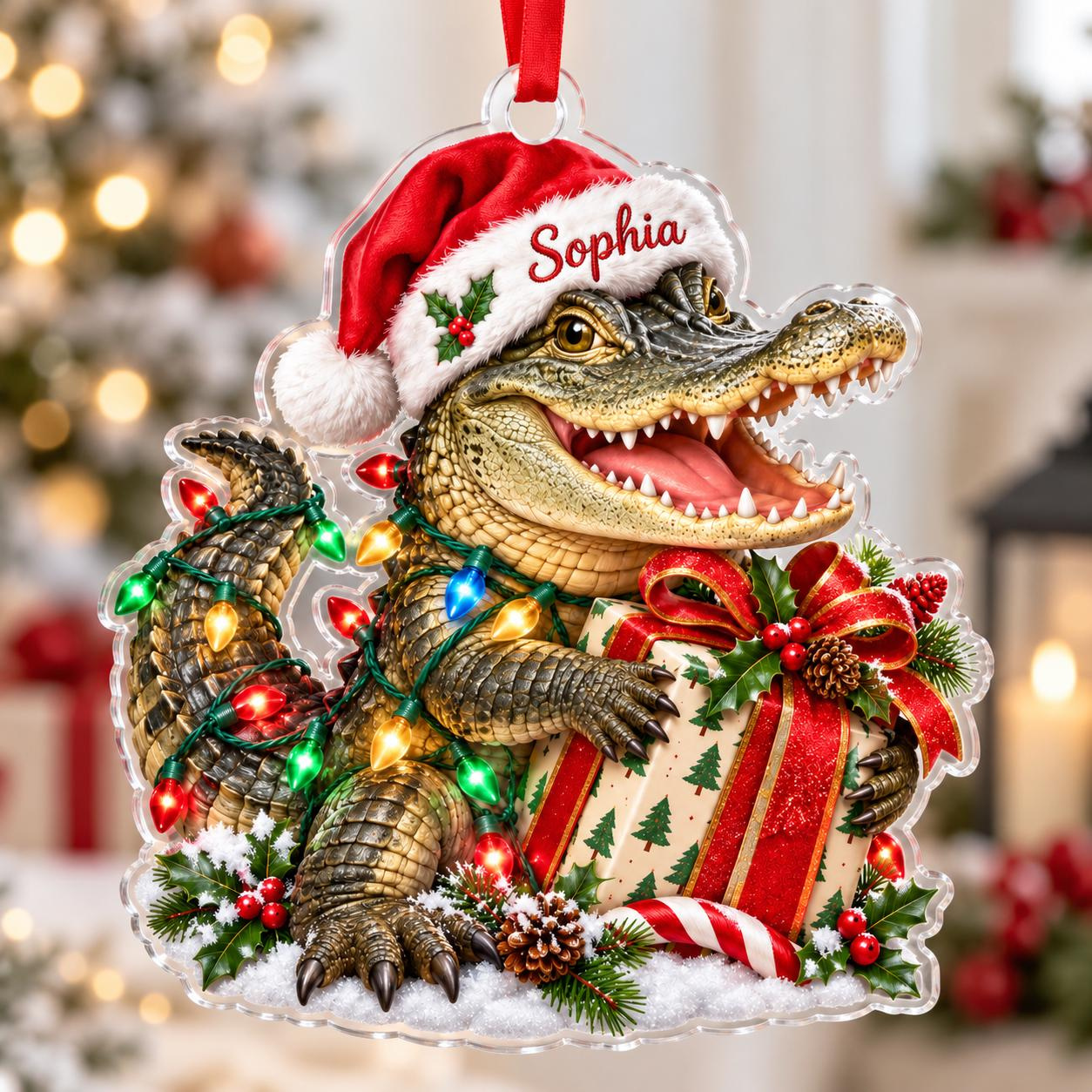 Personalized Alligator Christmas Ornament with Custom Name on Santa Hat, Holiday Tree Decor 1 - MeasureMason Personalized Alligator Christmas Ornament with Custom Name on Santa Hat, Holiday Tree Decor 1