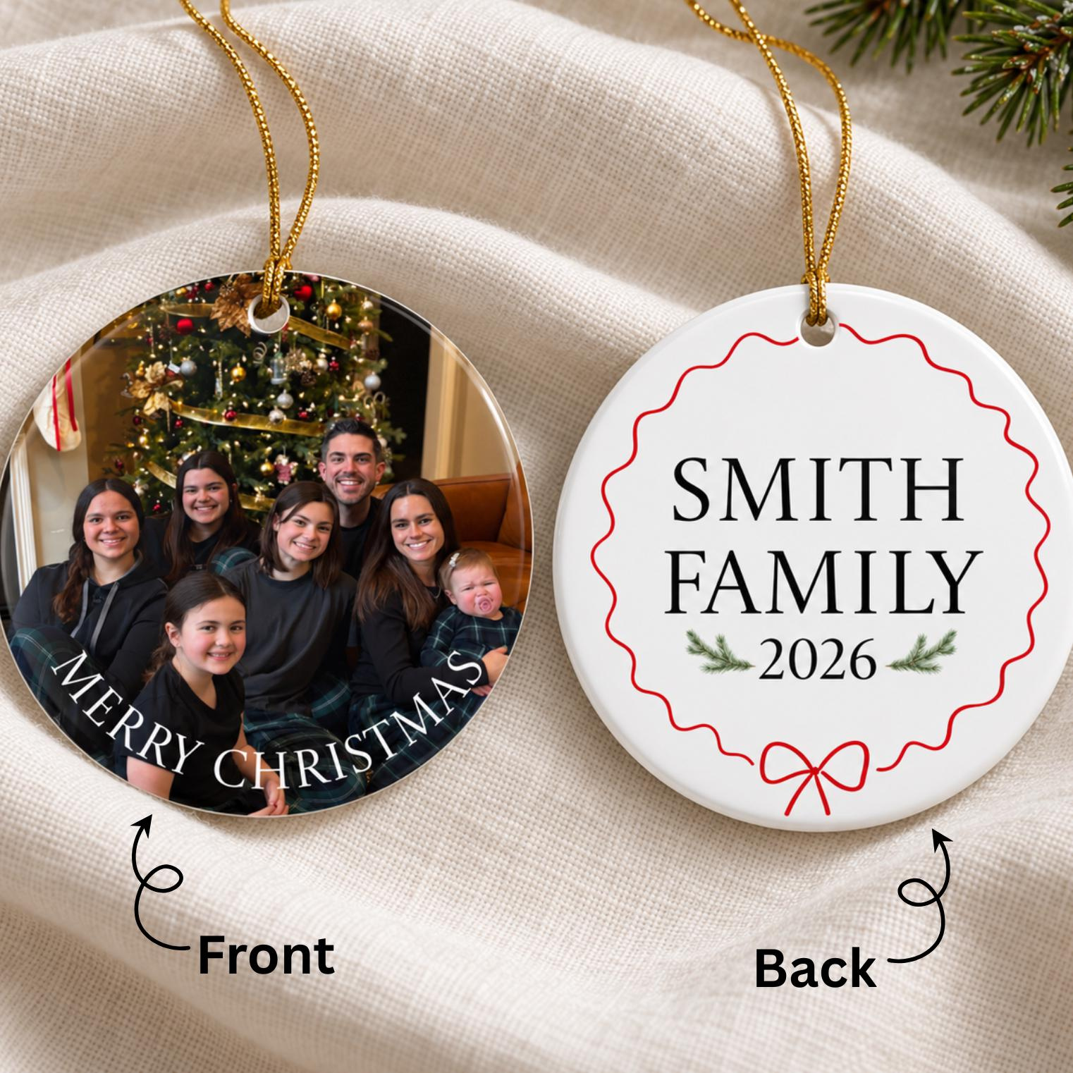 Personalized Photo Christmas Ornament, Custom Family Name & Photo Ceramic Bauble, Double-Sided Holiday Keepsake