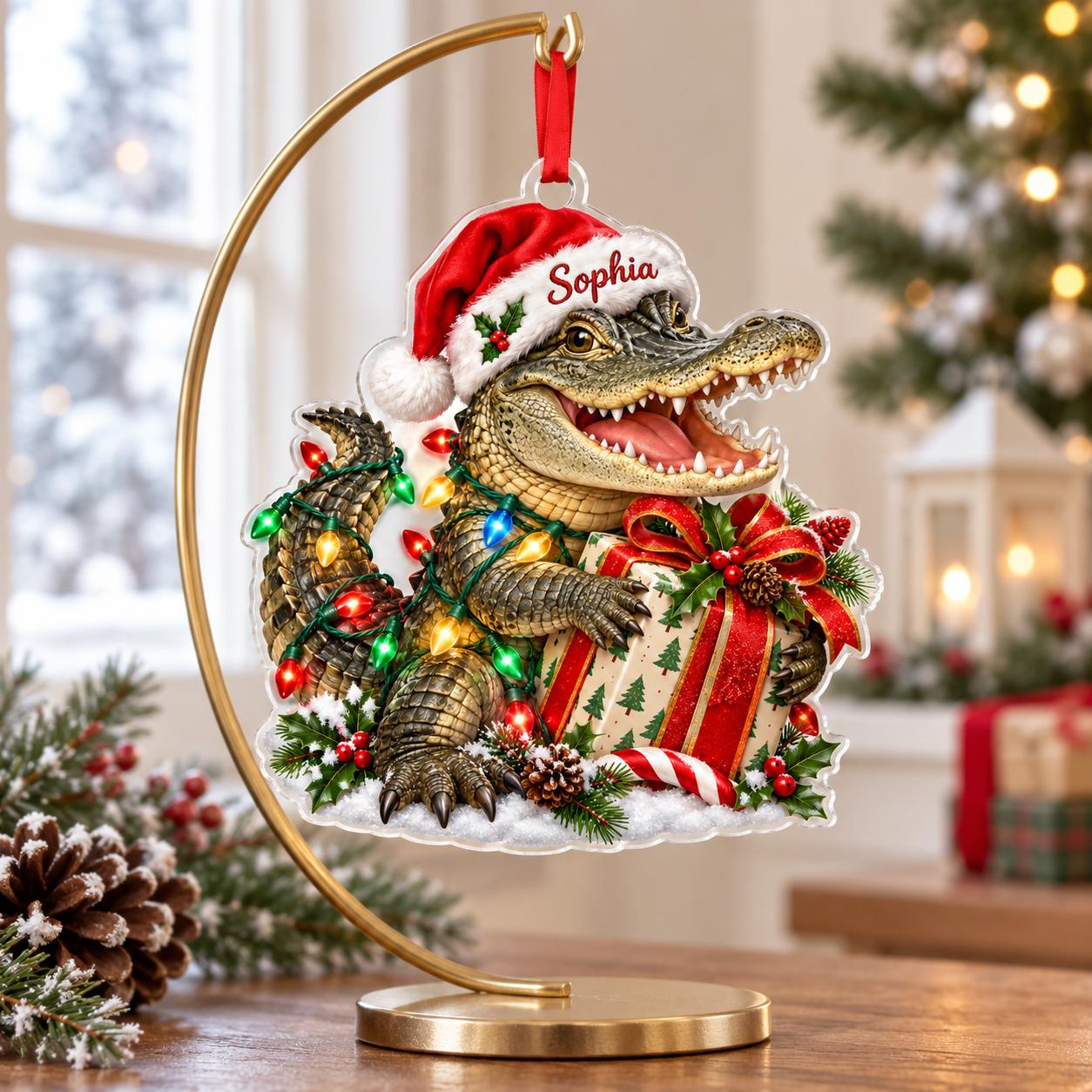 Personalized Alligator Christmas Ornament with Custom Name on Santa Hat, Holiday Tree Decor 4 - MeasureMason Personalized Alligator Christmas Ornament with Custom Name on Santa Hat, Holiday Tree Decor 4