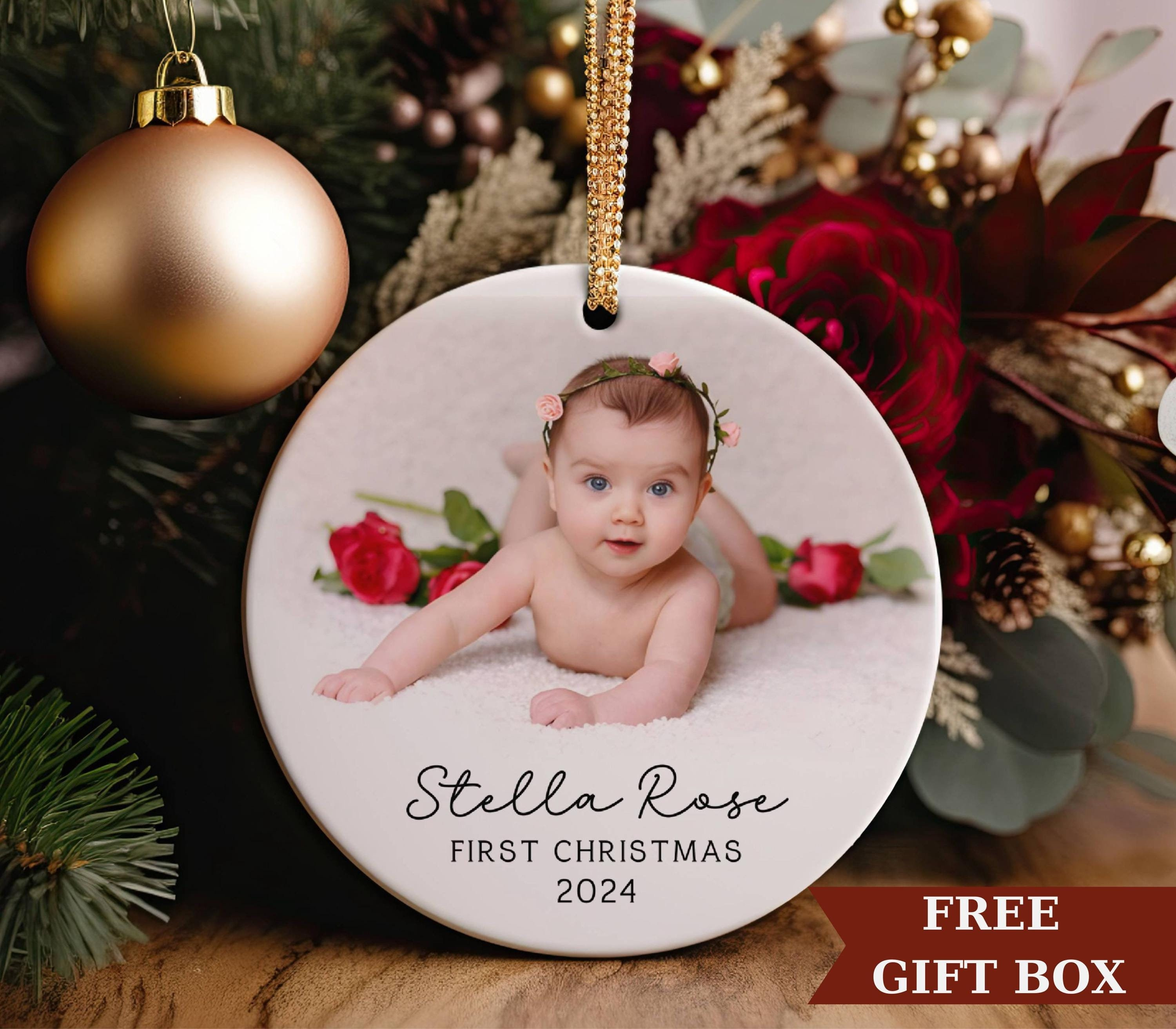 Personalized First Christmas Baby Photo Ornament, Porcelain Custom Keepsake New Parent Gift Personalized First Christmas Baby Photo Ornament, Porcelain Custom Keepsake New Parent Gift