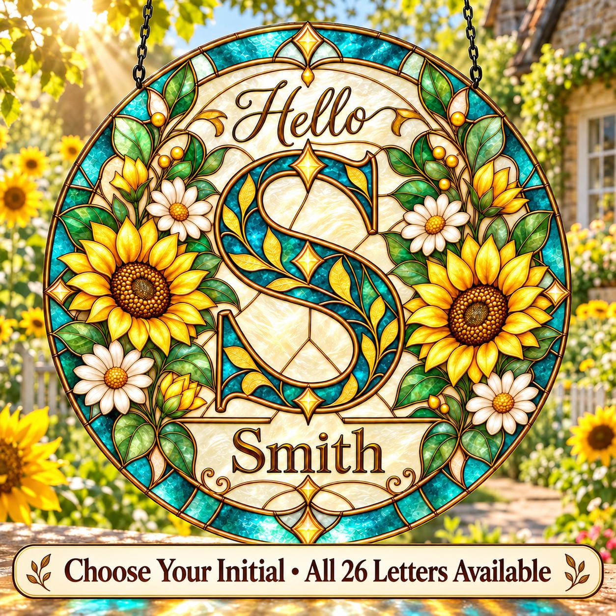 Personalized Sunflower Monogram Suncatcher - Custom Family Last Name Stained Glass Window Hanging, Housewarming Gift Personalized Sunflower Monogram Suncatcher - Custom Family Last Name Stained Glass Window Hanging, Housewarming Gift