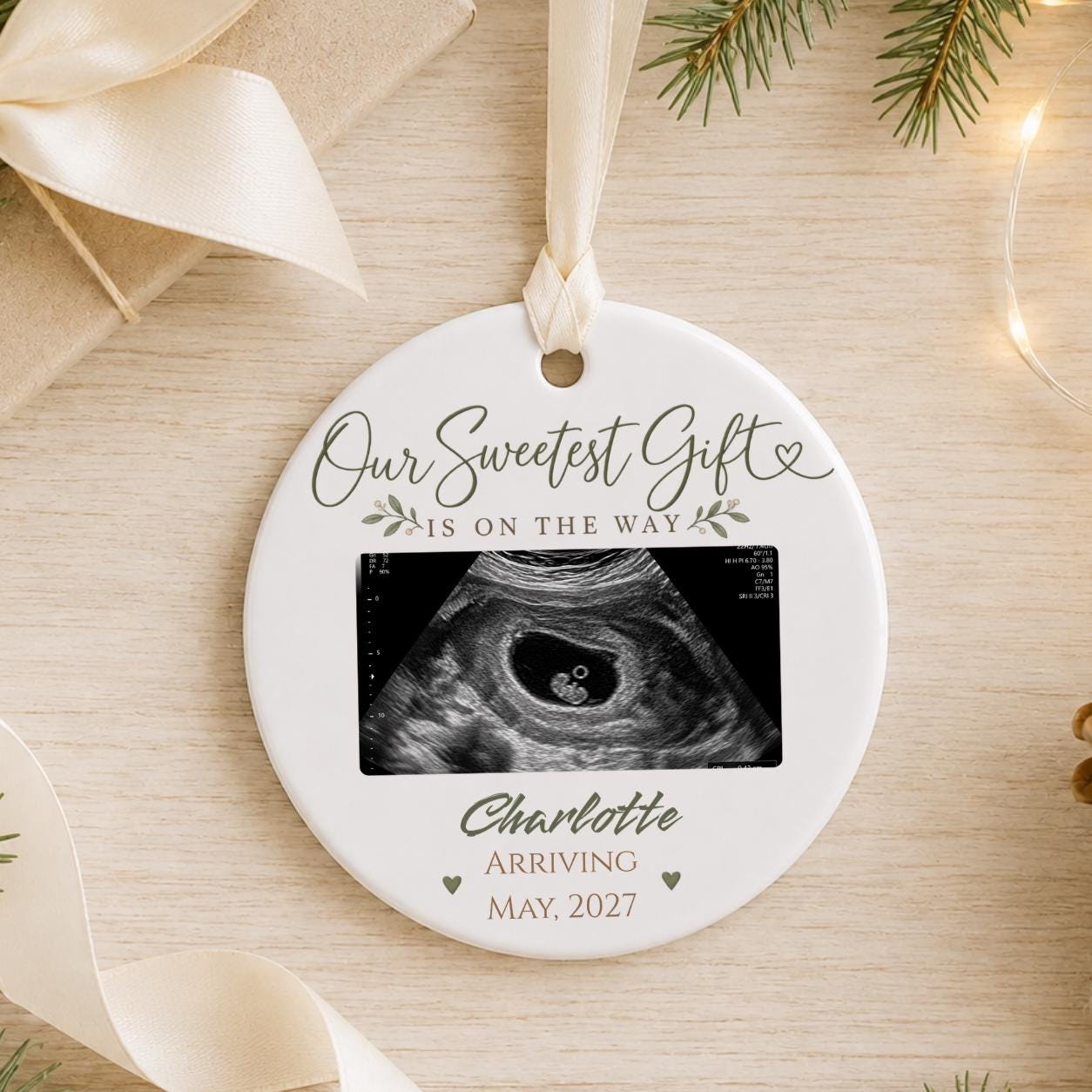 Pregnancy Reveal Ultrasound Ornament with Teddy Bears, Personalized 3 Inch Ceramic Keepsake 2 - MeasureMason Pregnancy Reveal Ultrasound Ornament with Teddy Bears, Personalized 3 Inch Ceramic Keepsake 2