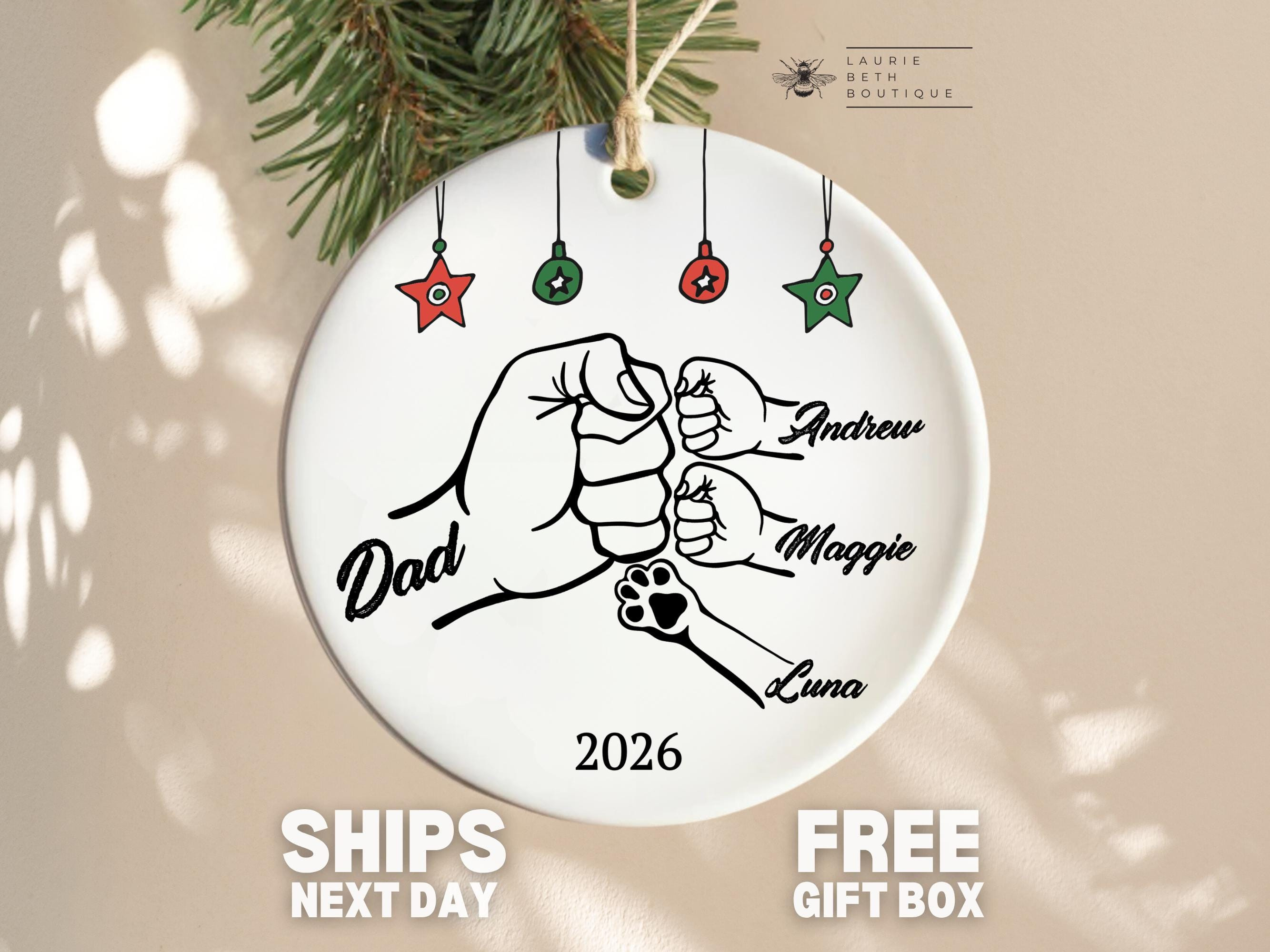 Personalized Dad Christmas Ornament with Kids Names, Custom Ceramic Tree Decoration from Children
