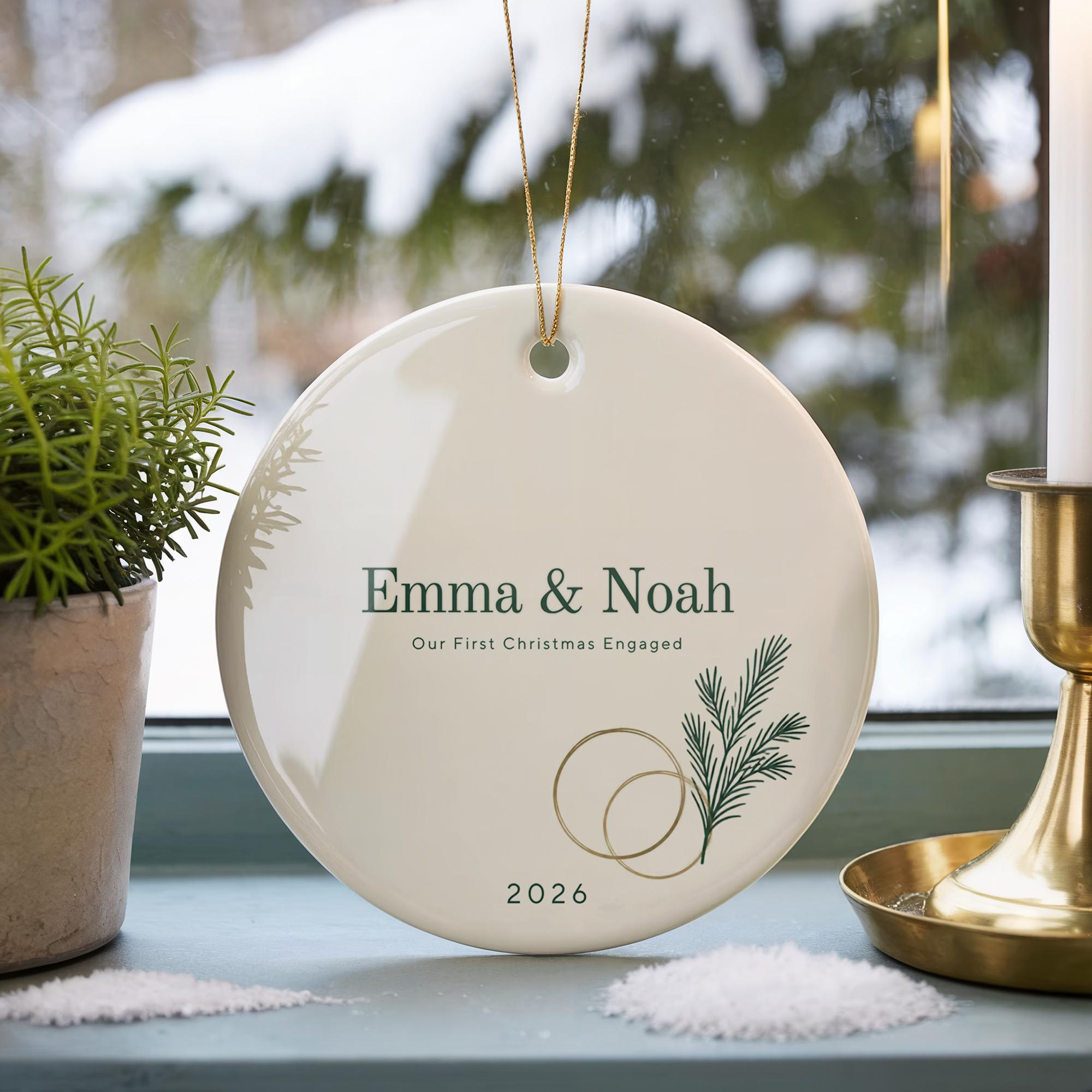 Personalized Engagement Ornament, First Christmas Engaged, Custom Names & Year, 3 Inch Ceramic Keepsake