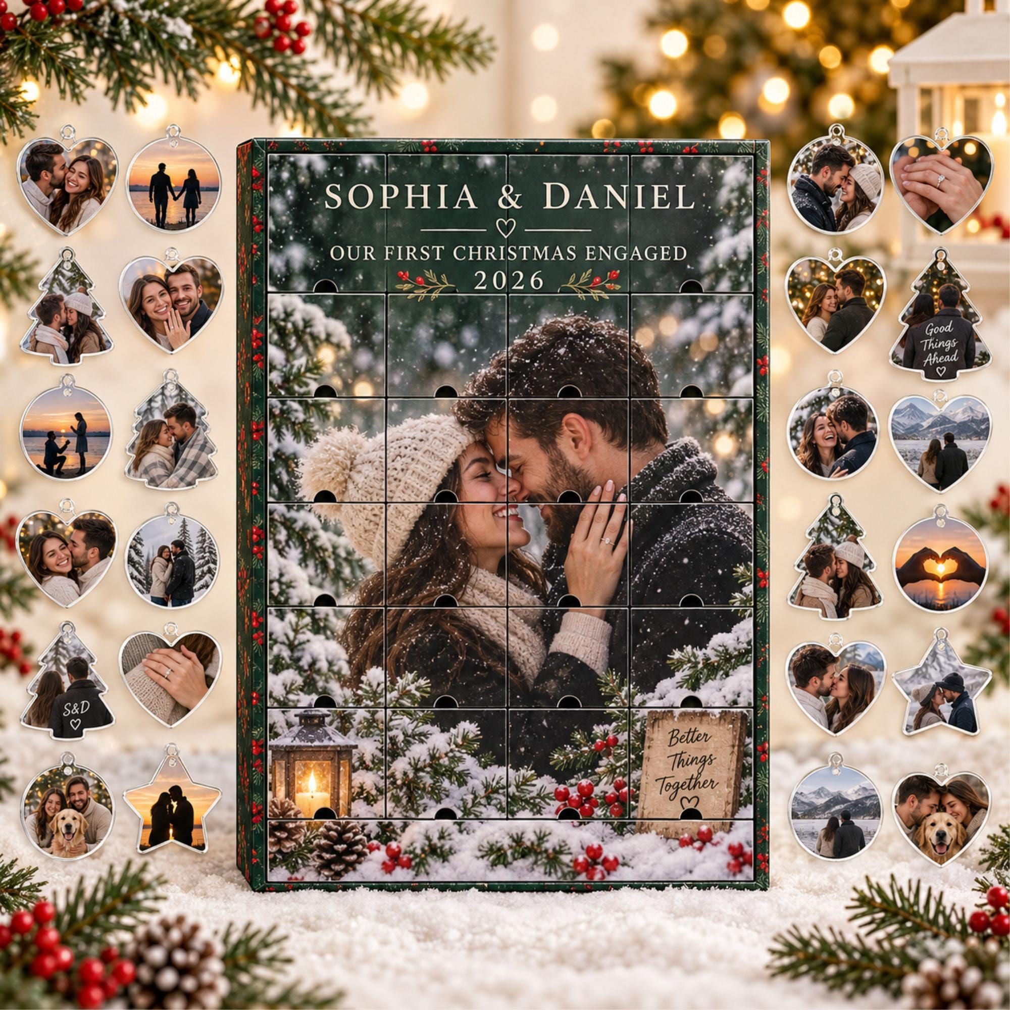Personalized Engagement Advent Calendar with 24 Custom Photo Acrylic Ornaments, First Christmas Engaged Keepsake Gift