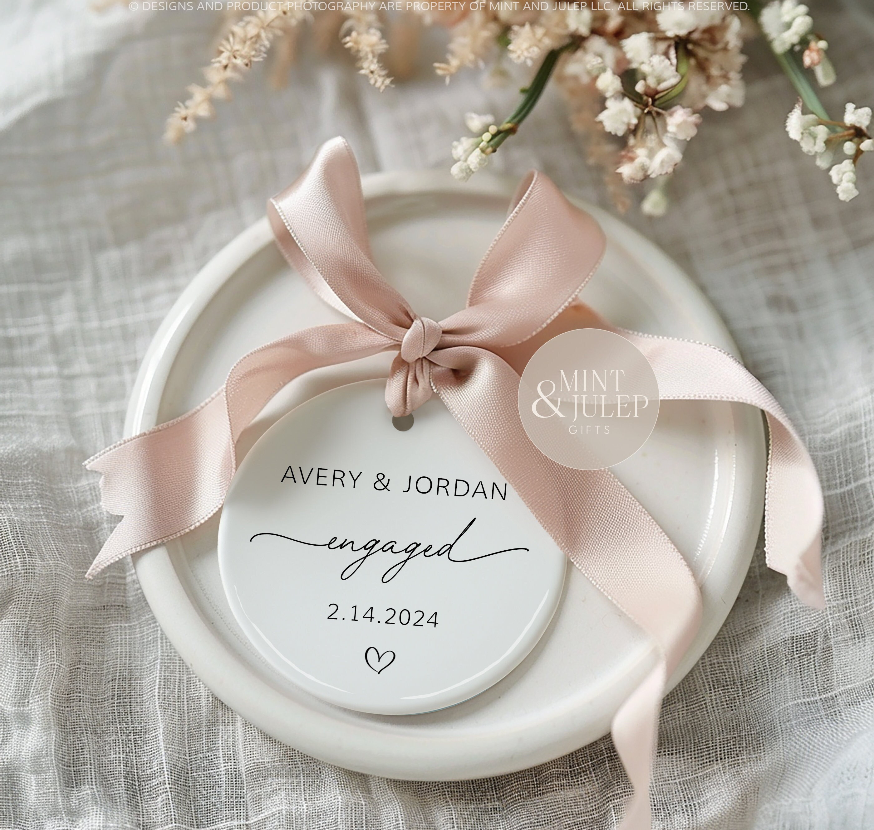 Personalized Engagement Ornament for Couple, Custom Names & Date Keepsake, Newly Engaged Wedding Gift