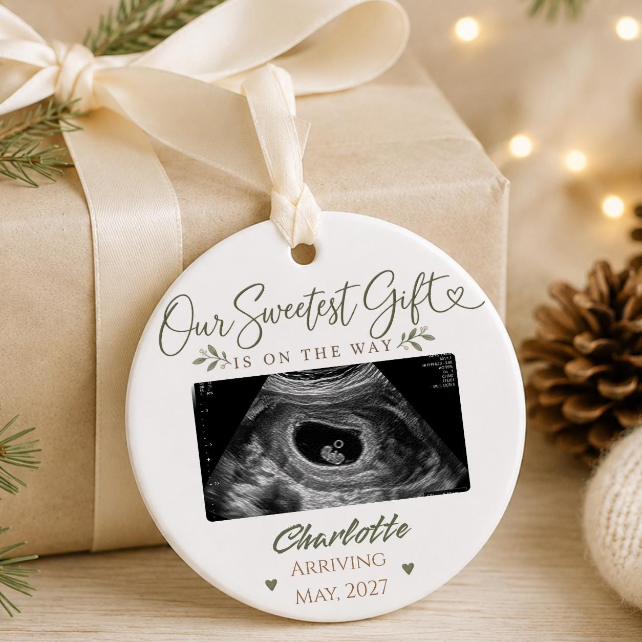 Pregnancy Reveal Ultrasound Ornament with Teddy Bears, Personalized 3 Inch Ceramic Keepsake 1 - MeasureMason Pregnancy Reveal Ultrasound Ornament with Teddy Bears, Personalized 3 Inch Ceramic Keepsake 1