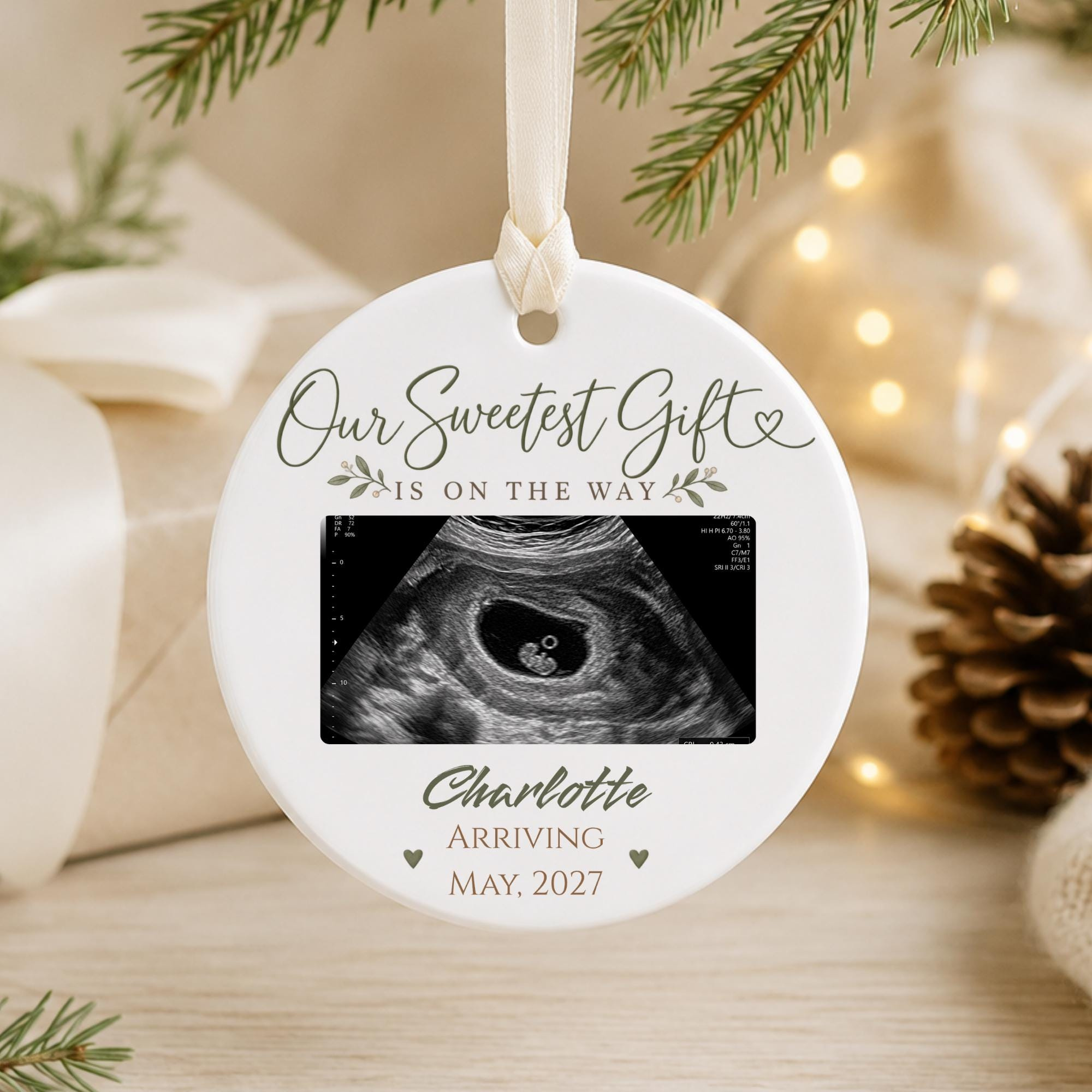 Pregnancy Reveal Ultrasound Ornament with Teddy Bears, Personalized 3 Inch Ceramic Keepsake Pregnancy Reveal Ultrasound Ornament with Teddy Bears, Personalized 3 Inch Ceramic Keepsake