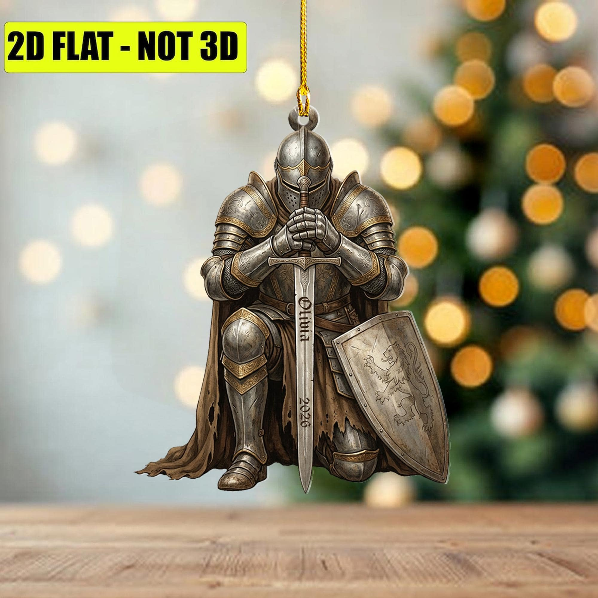 Personalized Medieval Knight Christmas Ornament, Custom Warrior Sword Shield Tree Decor, Armor History Gift