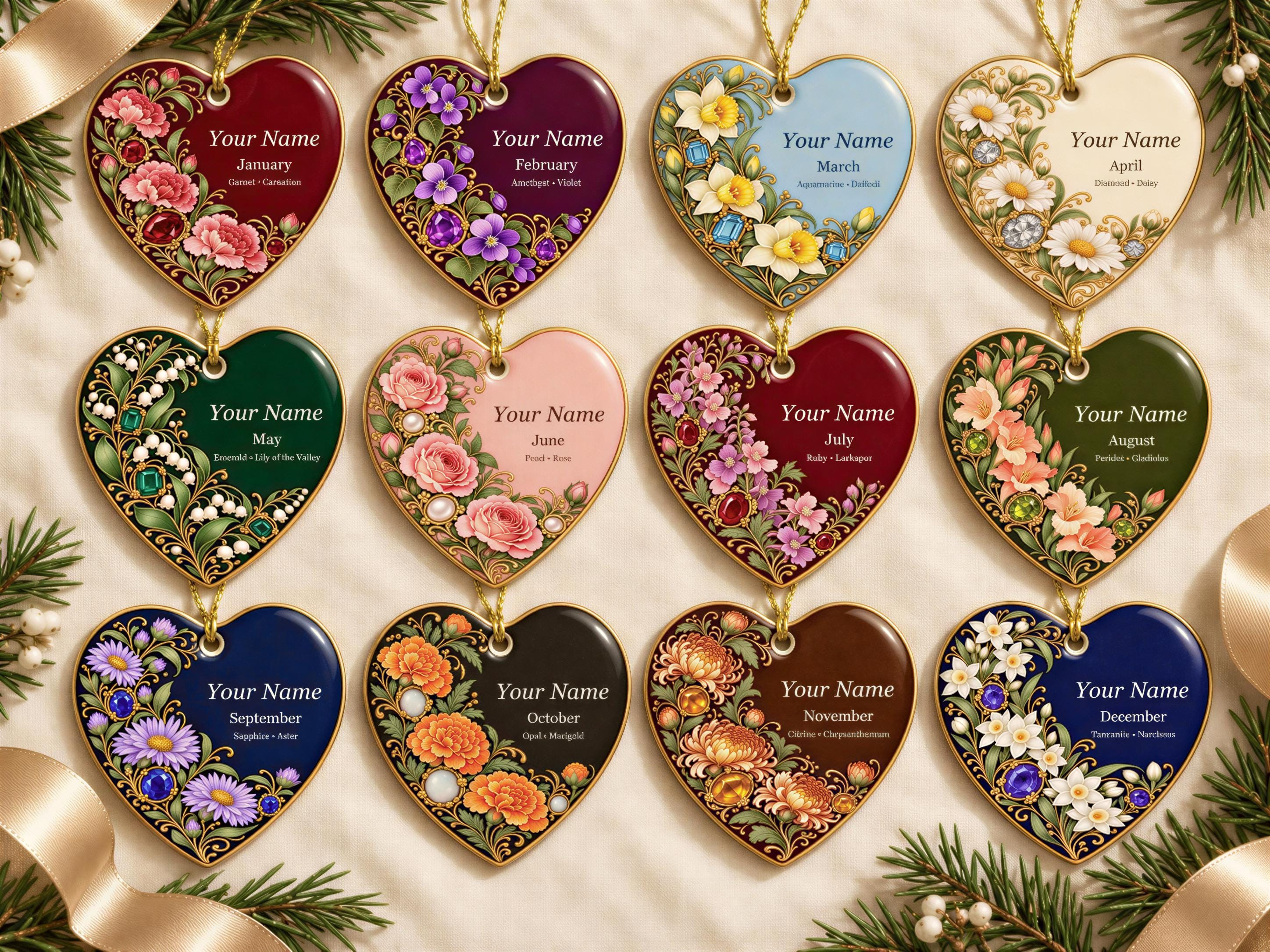 Birth Month Ornament, Personalized Heart Ceramic Keepsake with Floral Birthstone Design and Gift-Ready Box