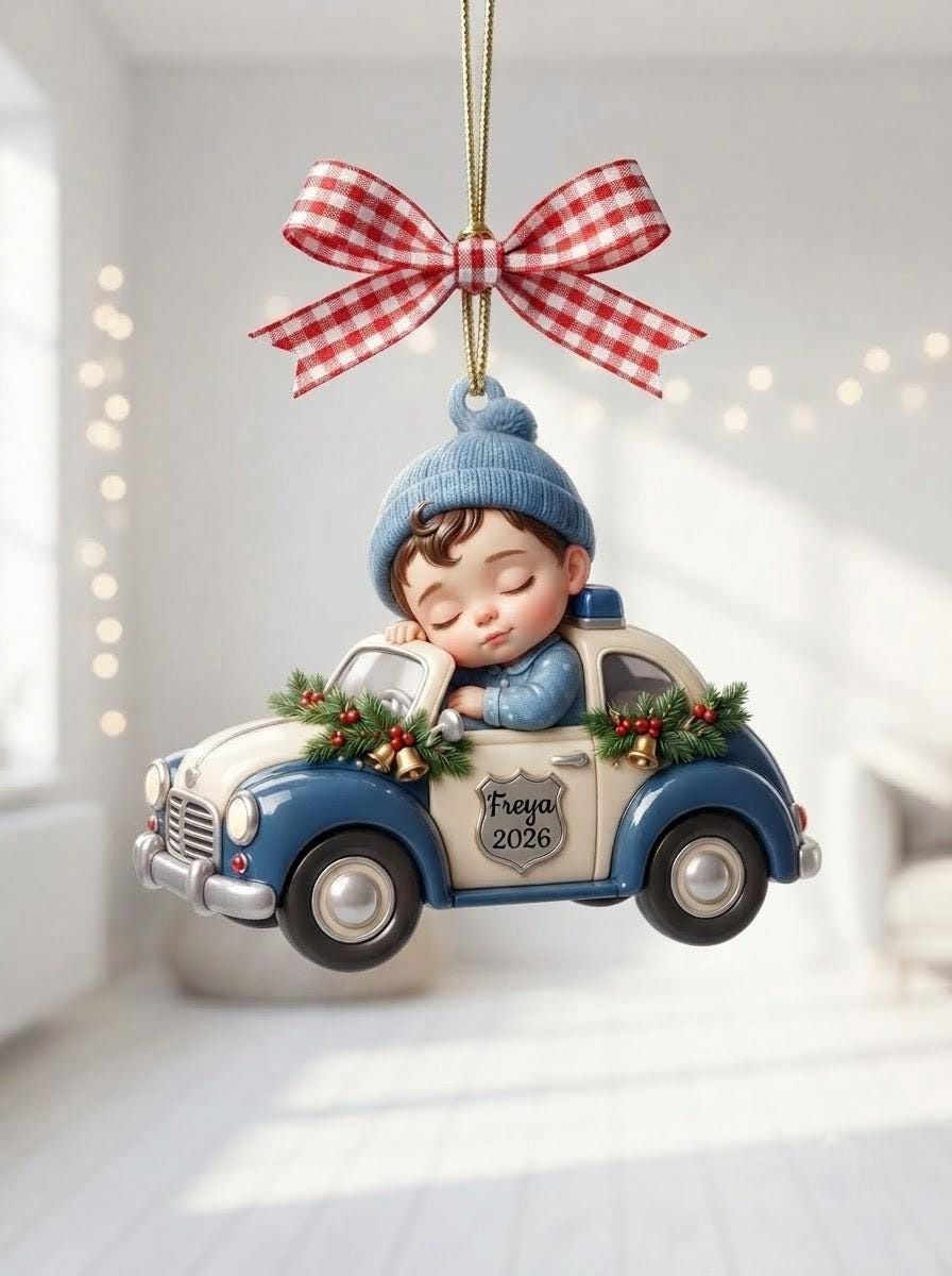 Personalized Baby Sleeping in Vintage Car Christmas Ornament, Custom Name First Christmas Keepsake Wood Tree Decor Gift