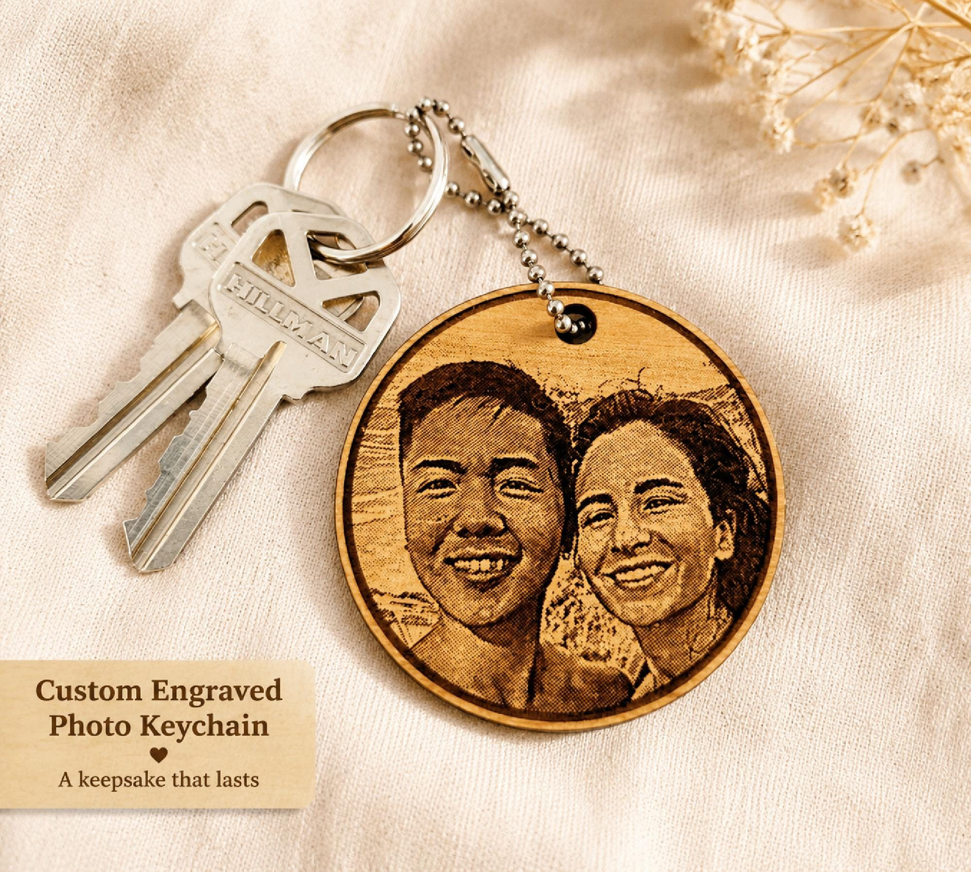 Custom Photo Engraved Wood Keychain Personalized Double Sided Picture Keepsake