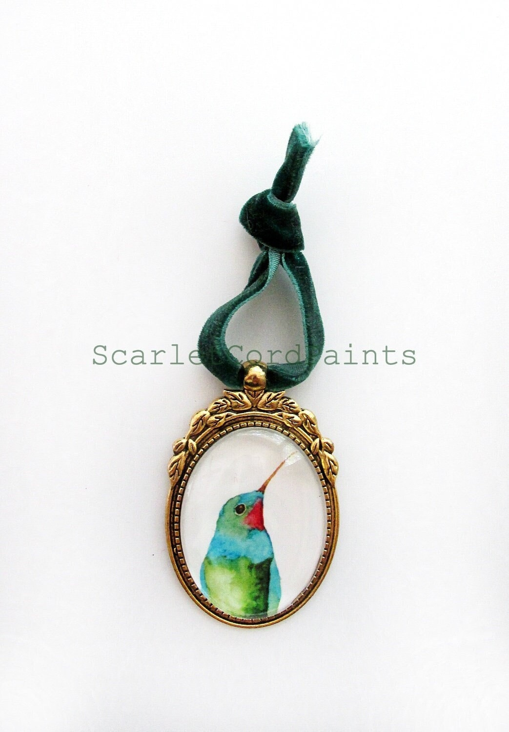 Hummingbird Miniature Art Ornament, Framed Bird Print in Gold Bezel
