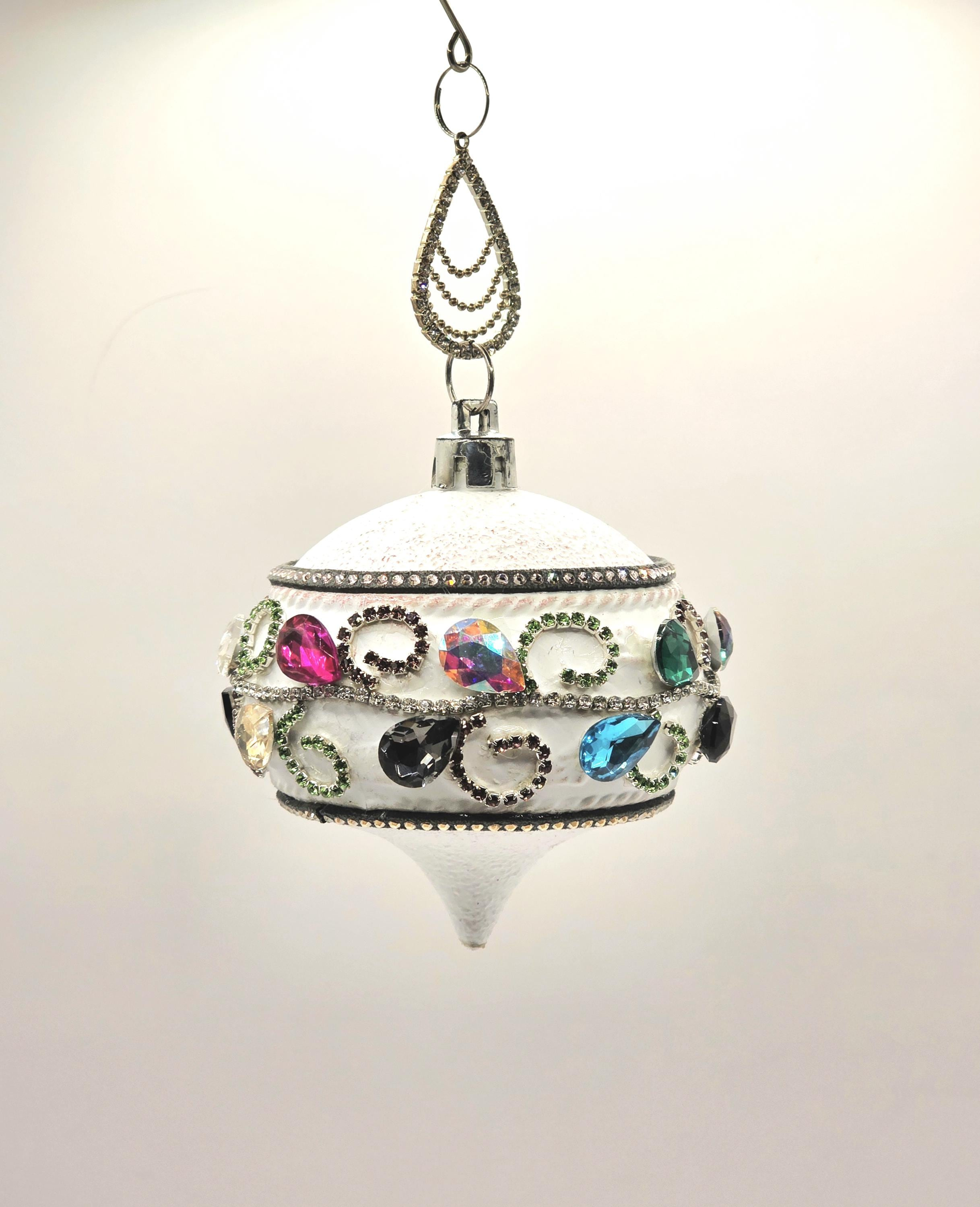 Jeweled Finial Christmas Ornament, White Teardrop with Rhinestone Scrollwork and Jewel Tone Crystals Jeweled Finial Christmas Ornament, White Teardrop with Rhinestone Scrollwork and Jewel Tone Crystals