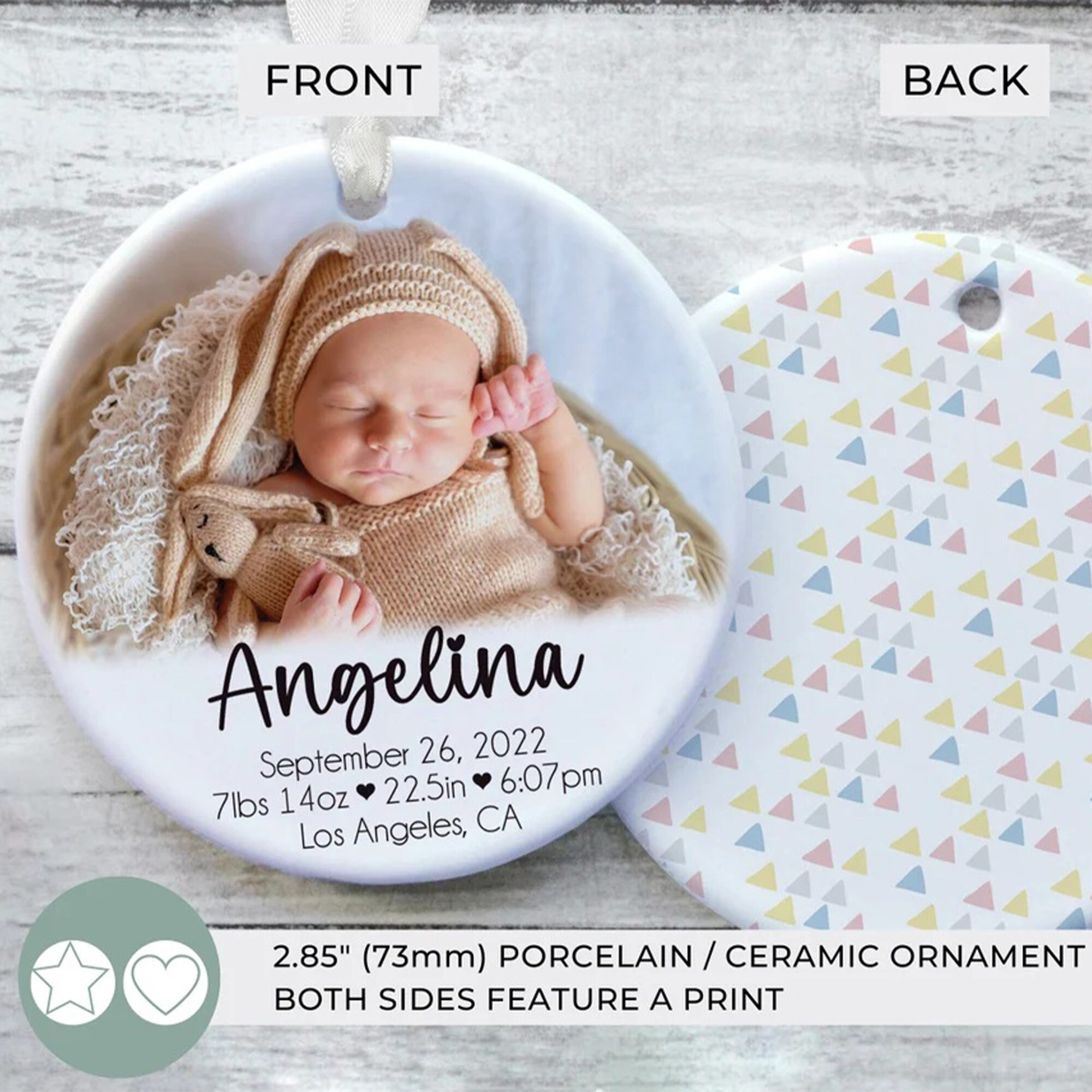 Personalized Newborn Photo Ornament, Custom Babys First Christmas Keepsake, Ceramic Birth Stat Ornament 1 - MeasureMason Personalized Newborn Photo Ornament, Custom Babys First Christmas Keepsake, Ceramic Birth Stat Ornament 1