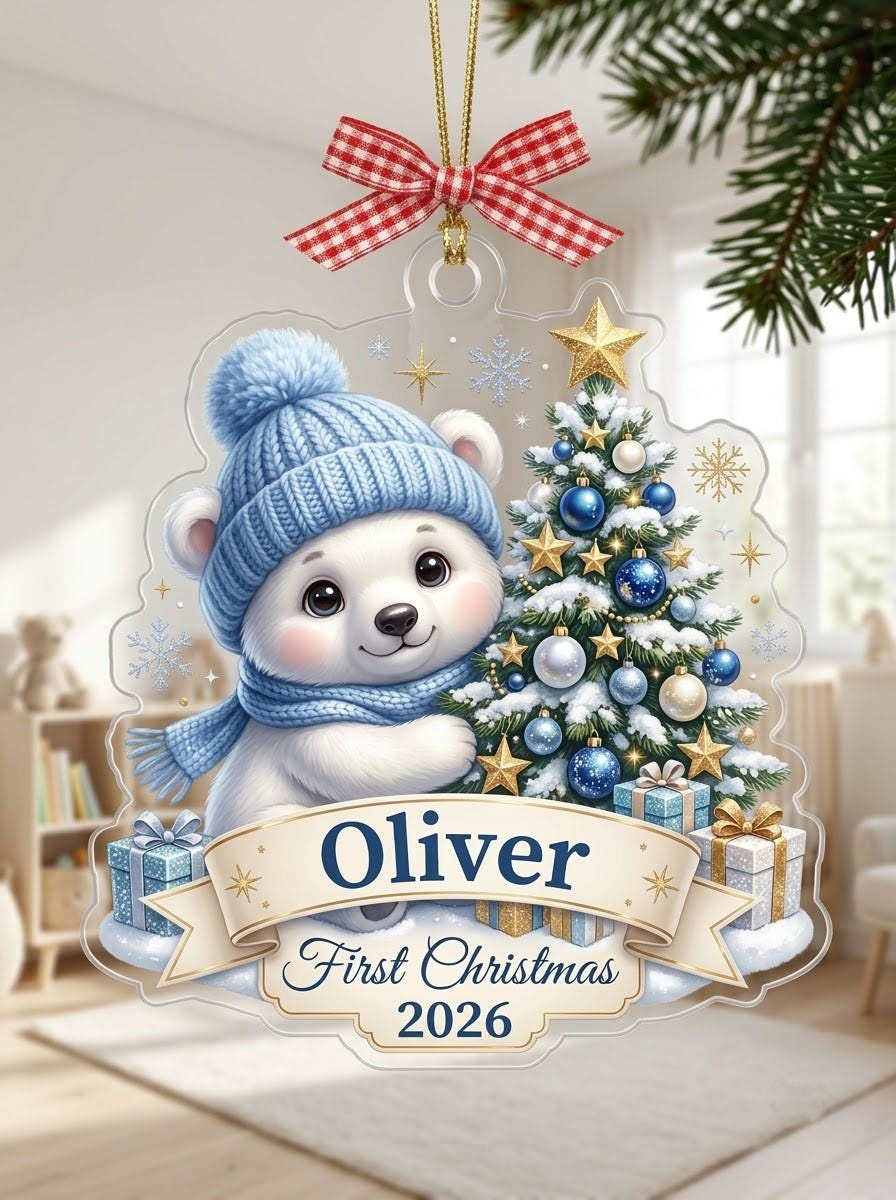 Personalized Baby First Christmas Bear Ornament - Custom Name 2D Acrylic Keepsake Holiday Tree Decor