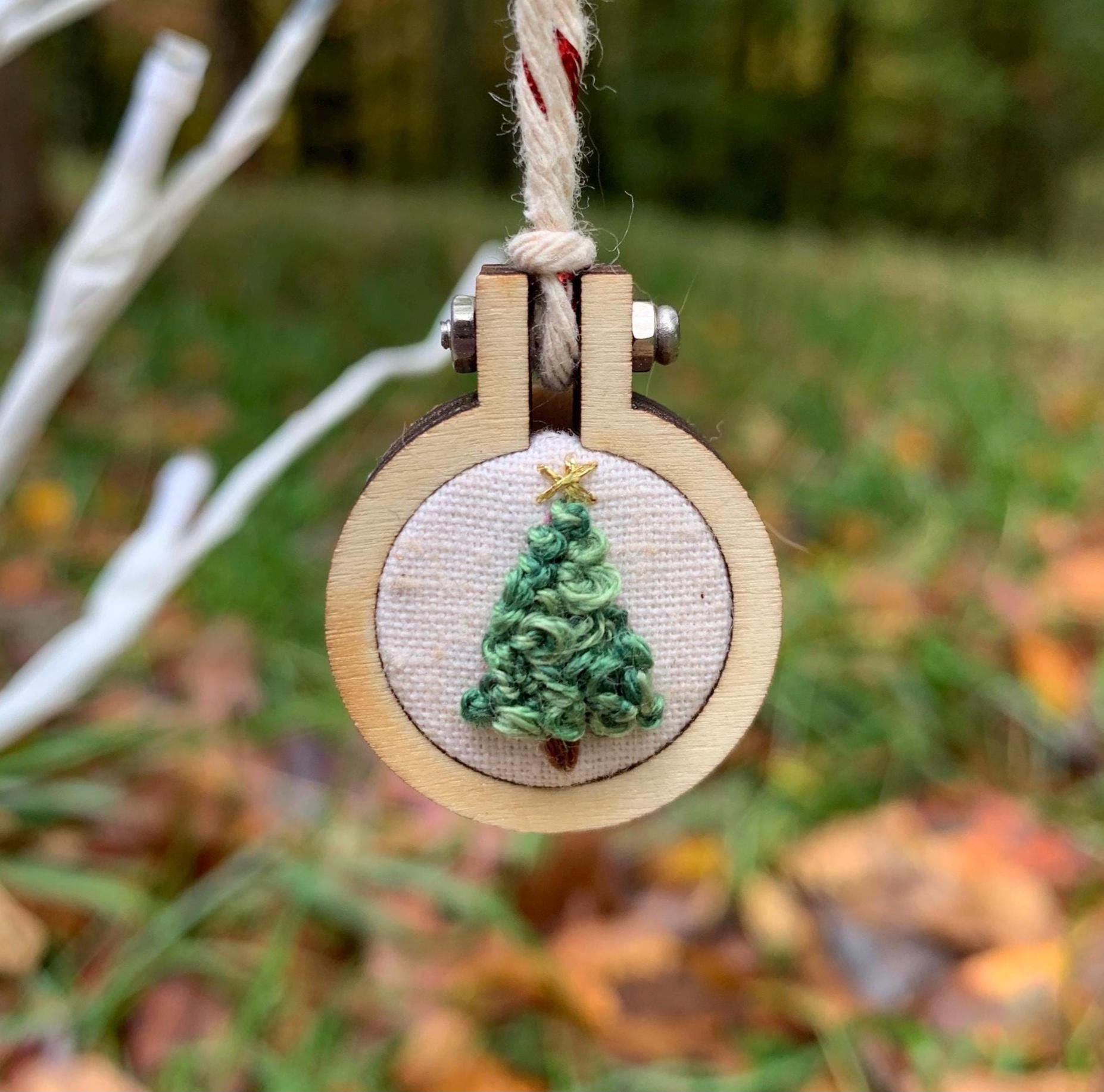 Hand Embroidered Mini Christmas Tree Ornament - Small Holiday Wood Hoop Charm for Car Mirror, Stocking & Tree 3 - MeasureMason Hand Embroidered Mini Christmas Tree Ornament - Small Holiday Wood Hoop Charm for Car Mirror, Stocking & Tree 3