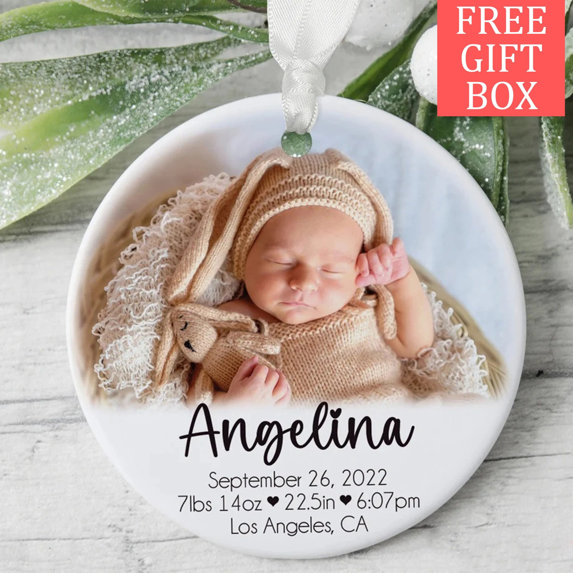 Personalized Newborn Photo Ornament, Custom Baby's First Christmas Keepsake, Ceramic Birth Stat Ornament